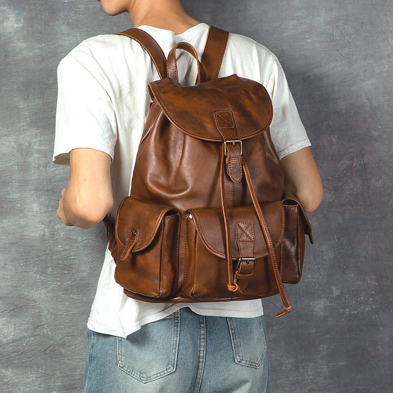 Geometric Pattern Genuine Leather Retro Backpack - Casual Soft Leather Hiking Bag-Backpacks-Black-Free Shipping Leatheretro