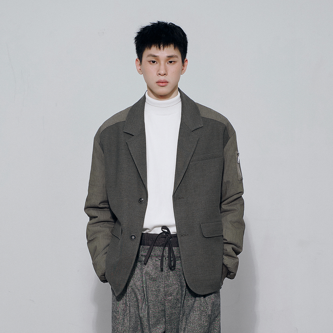 SAME FLOW Multi-Pocket Paneled Bomber-Sleeve Suit Jacket-Jacket-S-Free Shipping Leatheretro