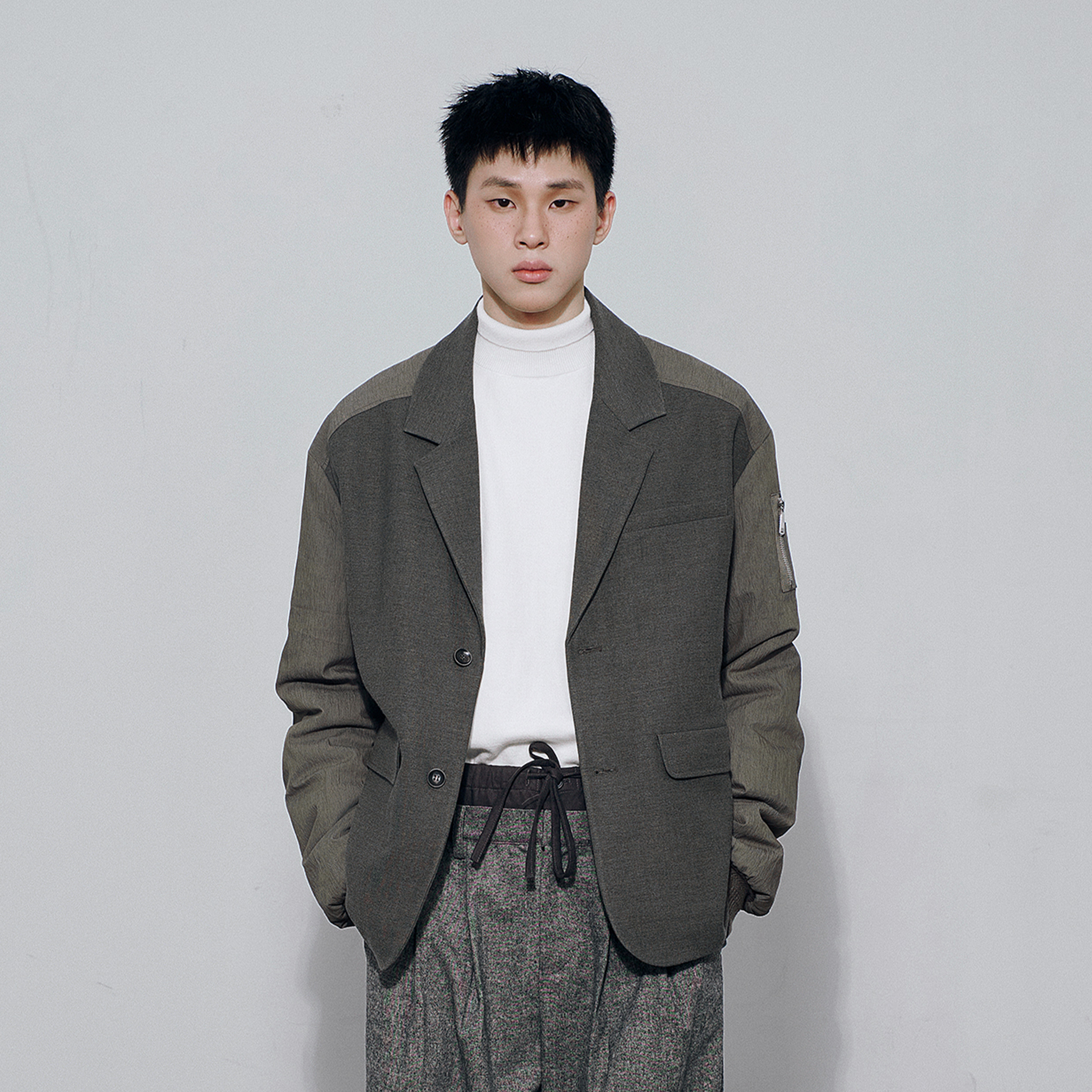 SAME FLOW Multi-Pocket Paneled Bomber-Sleeve Suit Jacket-Jacket-S-Free Shipping Leatheretro