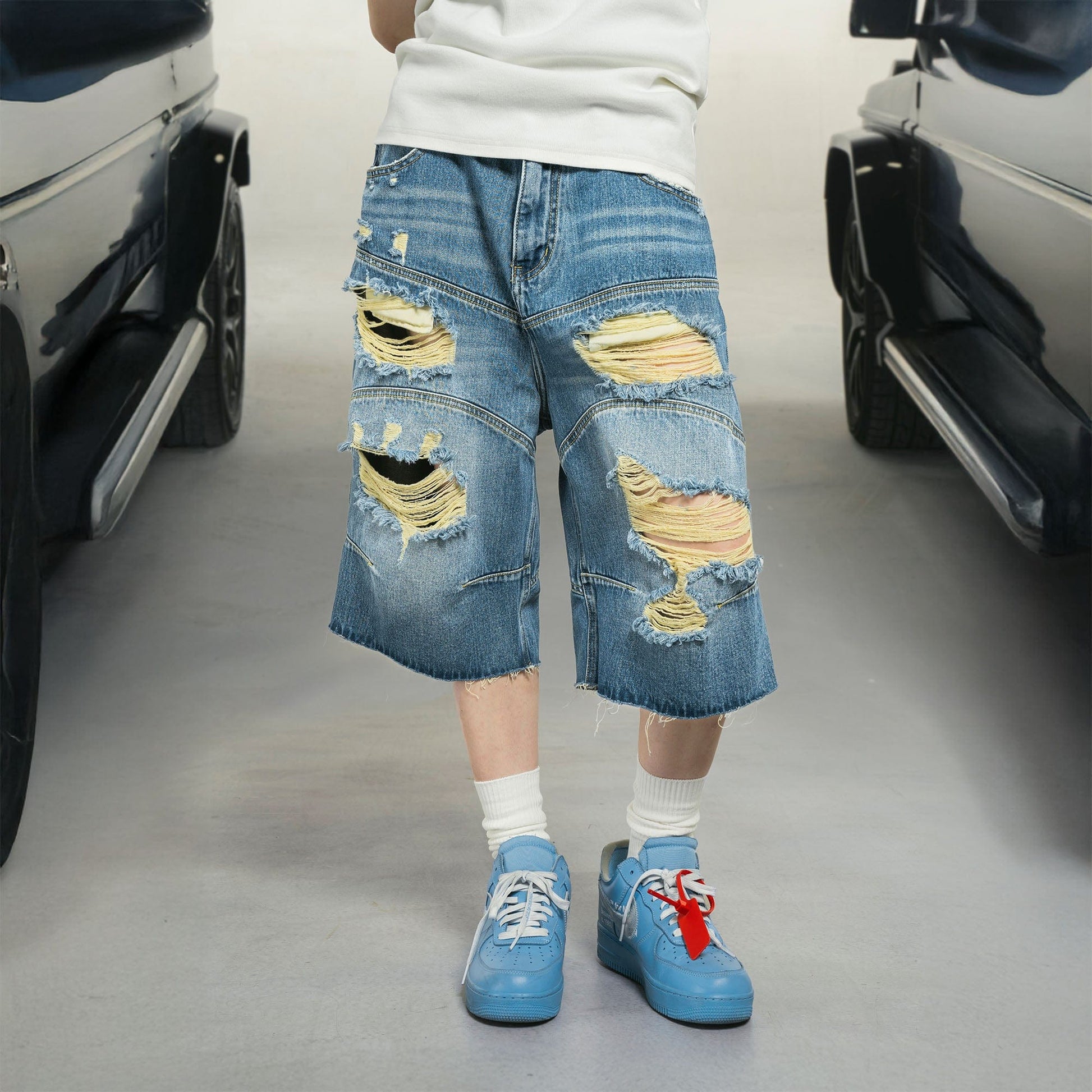 MAKEMORE Distressed Arc Spliced Ripped Denim Shorts-Shorts-S-Free Shipping Leatheretro