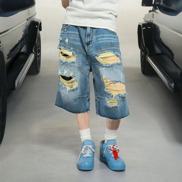 MAKEMORE Distressed Arc Spliced Ripped Denim Shorts-Shorts-S-Free Shipping Leatheretro