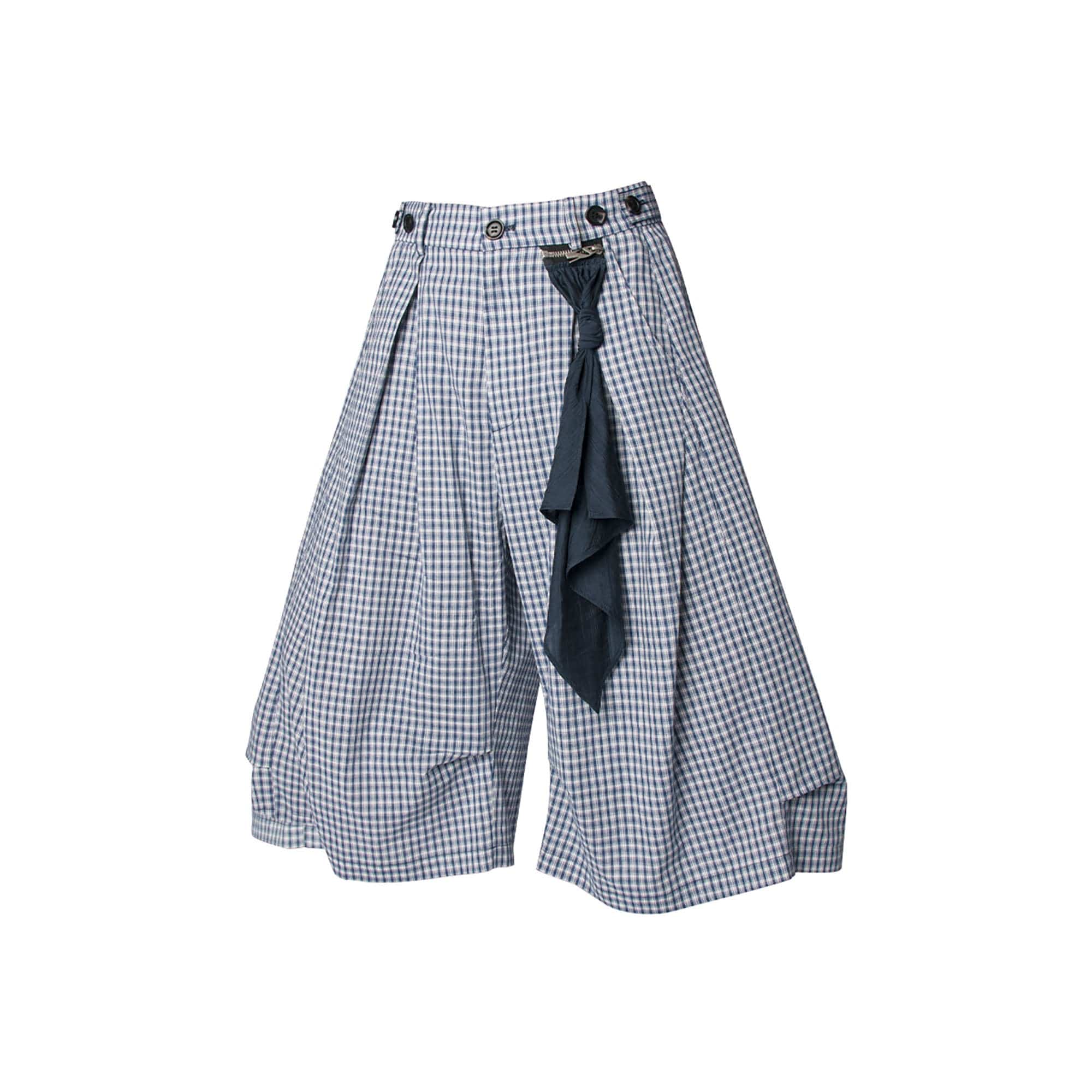 RELABEL Detachable Scarf Grid Pleated Shorts-Shorts-XS-Blue-Free Shipping Leatheretro