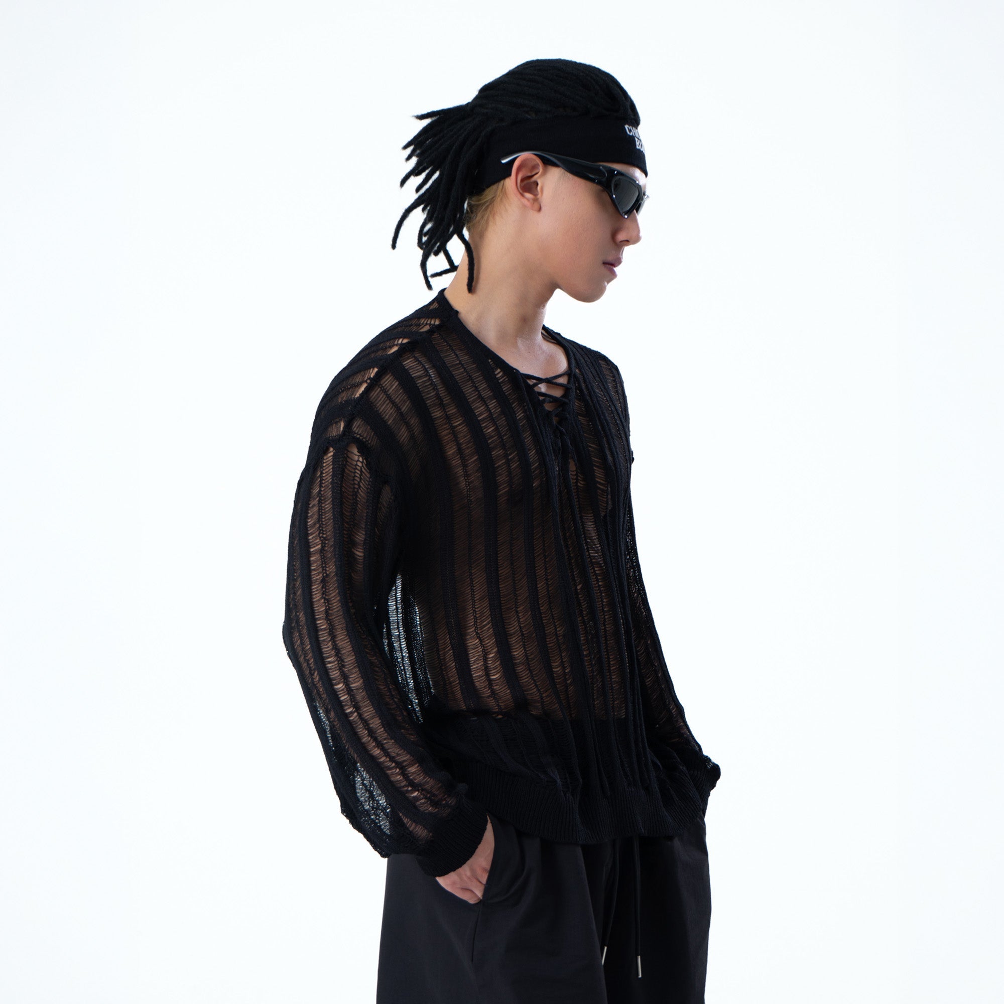 CLP Sheer Striped Open-Knit Sweater-Sweater-S-Black-Free Shipping Leatheretro