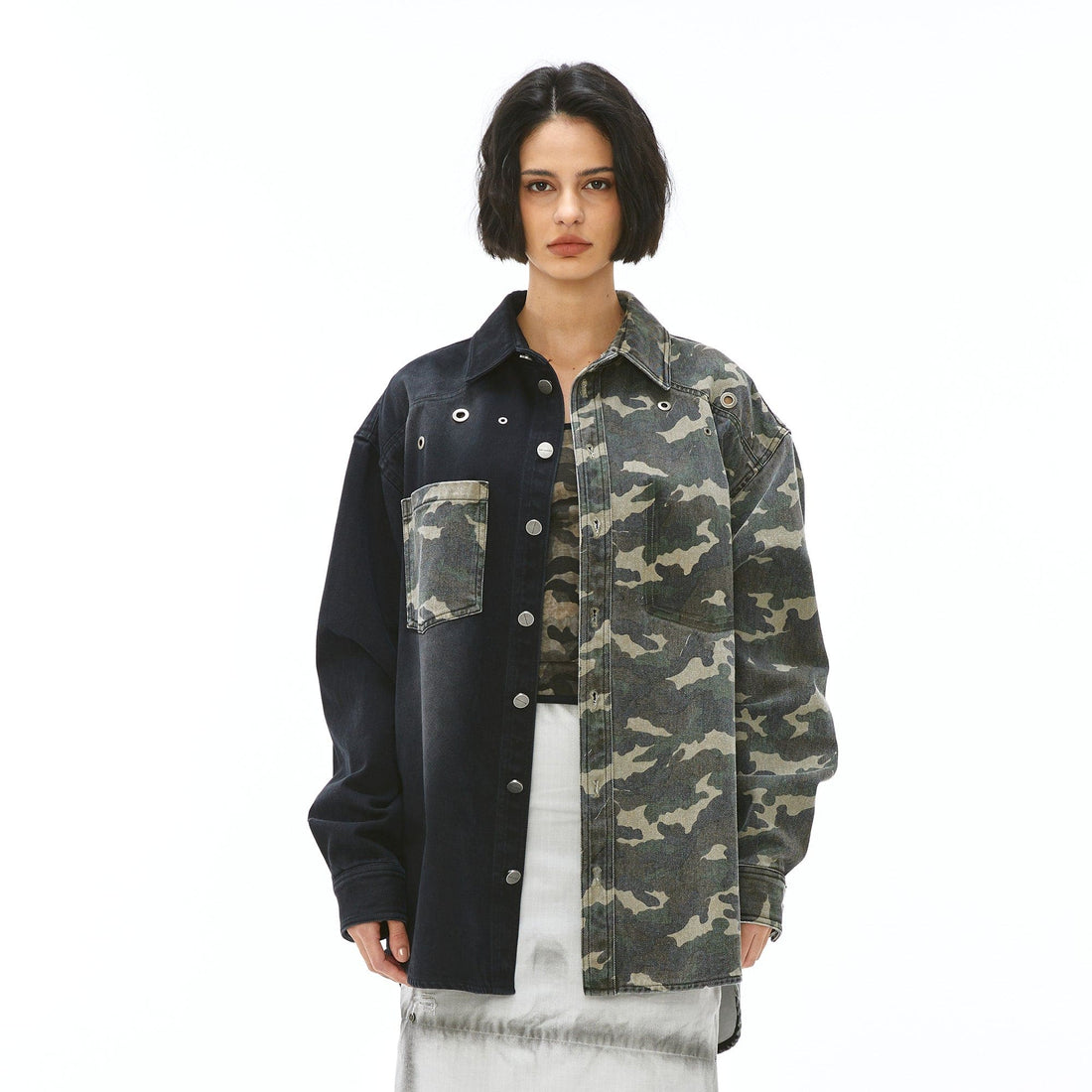 VANN VALRENCE Paneled Camo Denim Shirt-Shirt-S-Free Shipping Leatheretro