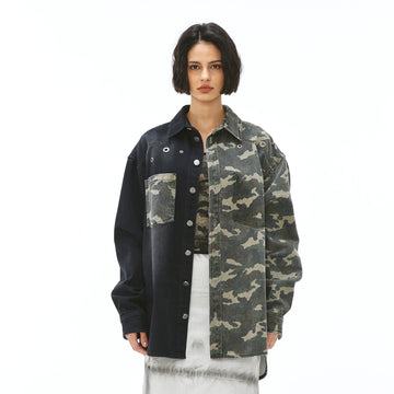 VANN VALRENCE Paneled Camo Denim Shirt-Shirt-S-Free Shipping Leatheretro