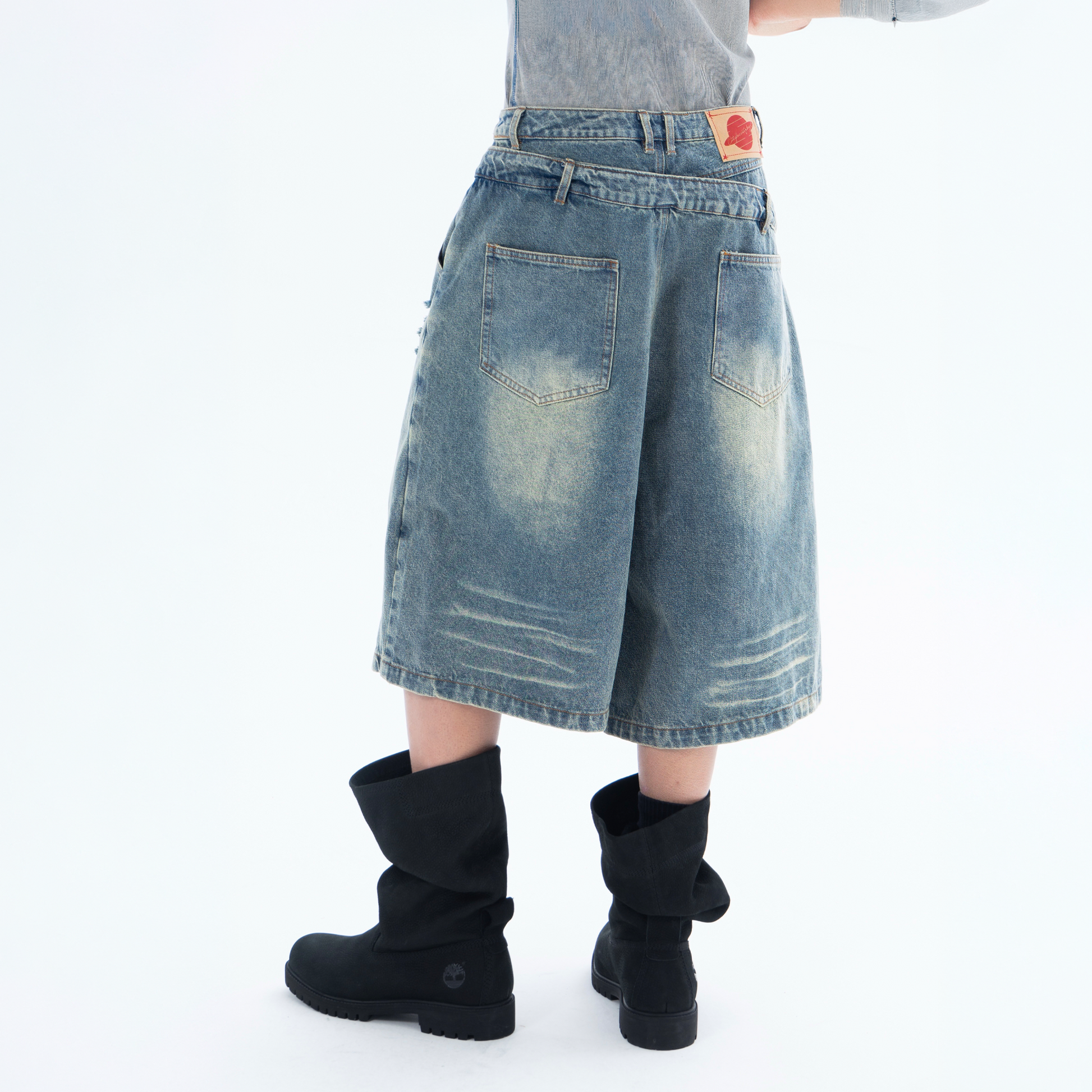 CLP Distressed Double-Waist Denim Shorts-Shorts-M / 31"-Blue-Free Shipping Leatheretro