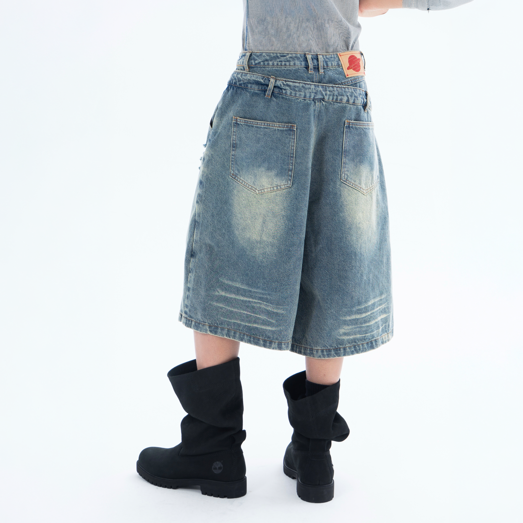 CLP Distressed Double-Waist Denim Shorts-Shorts-M / 31"-Blue-Free Shipping Leatheretro