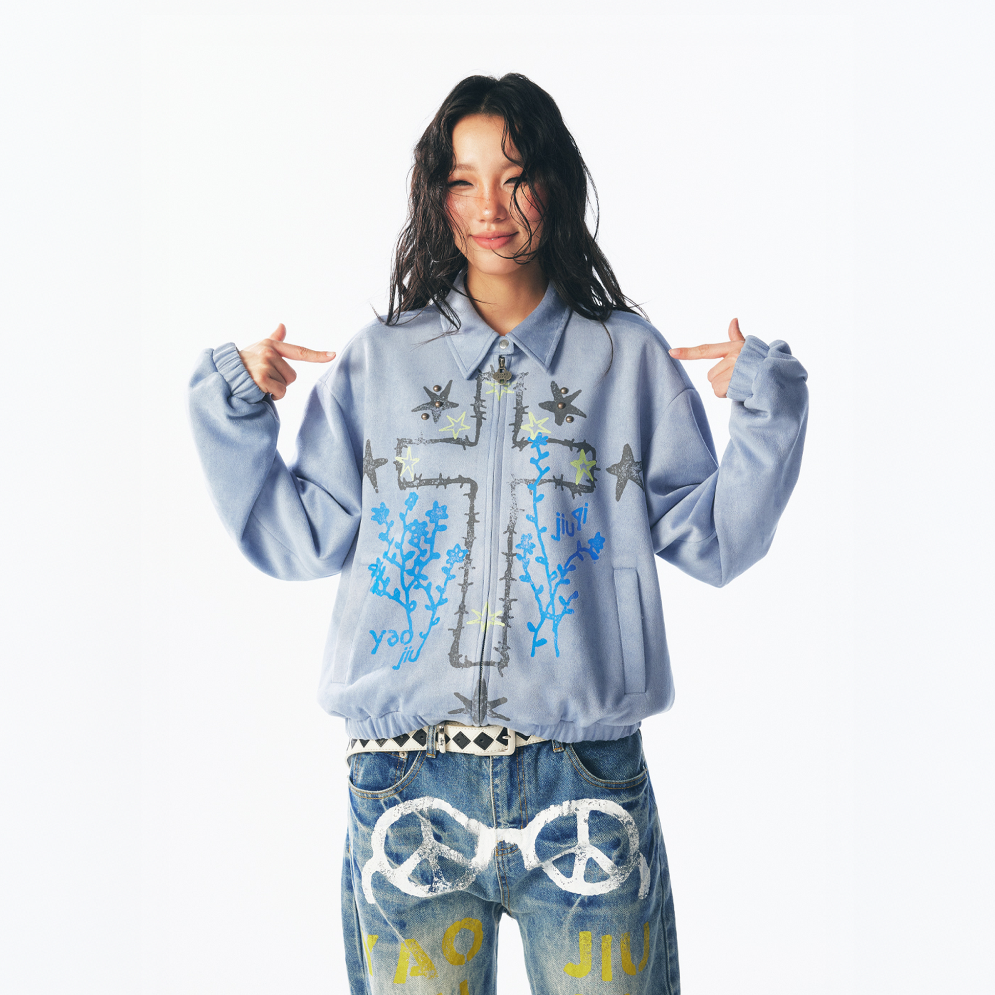 1997 POSTOFFICE Floral Cross Faux Suede Jacket-Jacket-S (Preorder)-Blue-Free Shipping Leatheretro