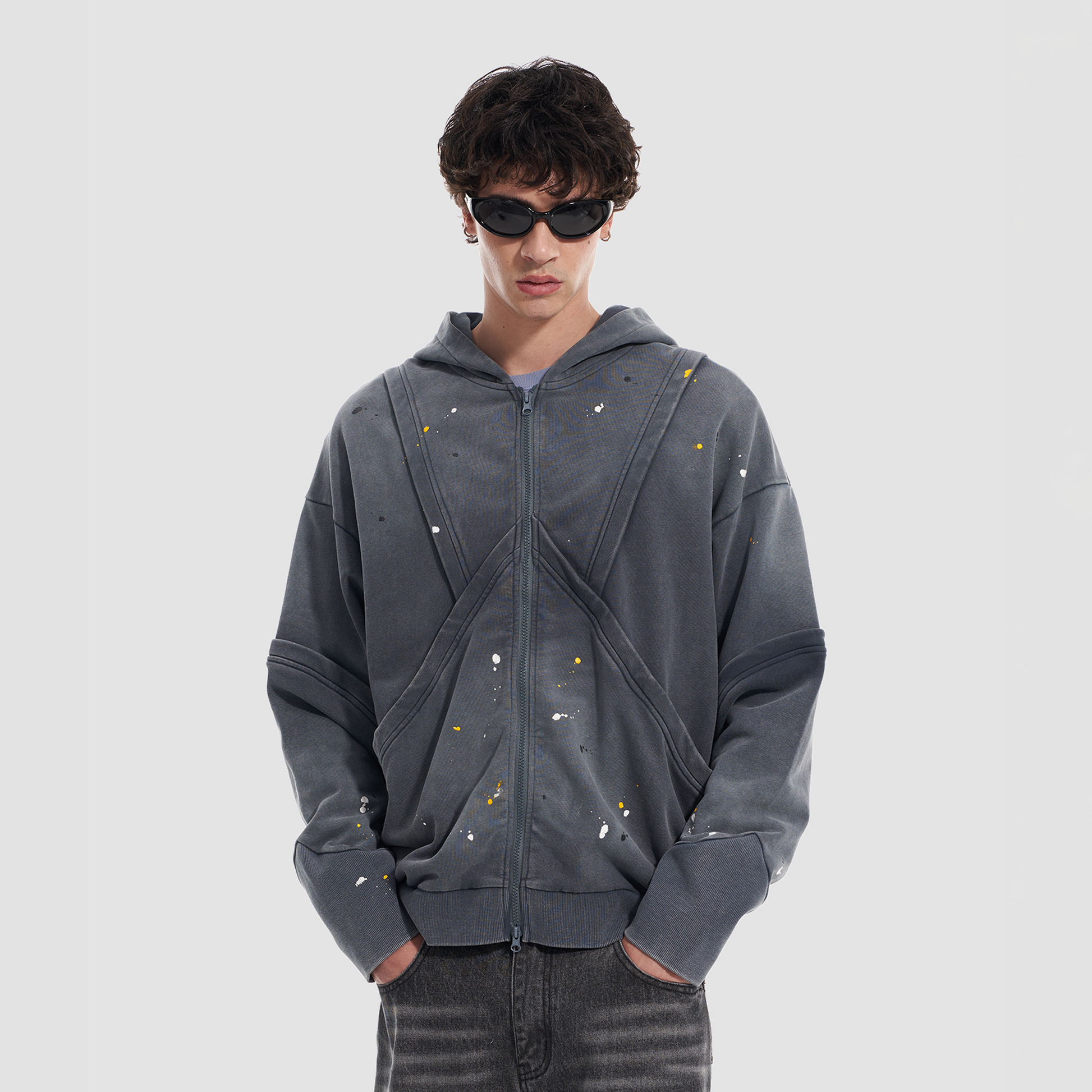 VANN VALRENCE Washed Paint-Splattered Paneled Zip Hoodie-Jacket-S-Dark Gray-Free Shipping Leatheretro