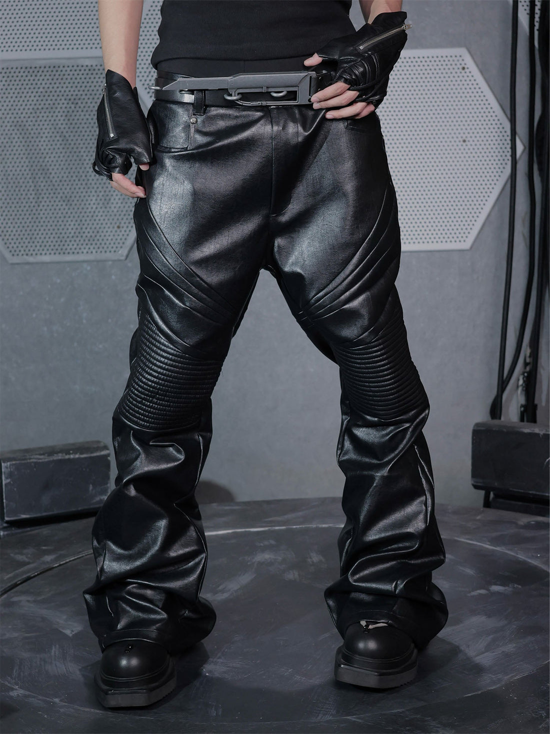 SSIN7 Paneled Faux Leather Flared Pants-Pants-S (Preorder)-Free Shipping Leatheretro