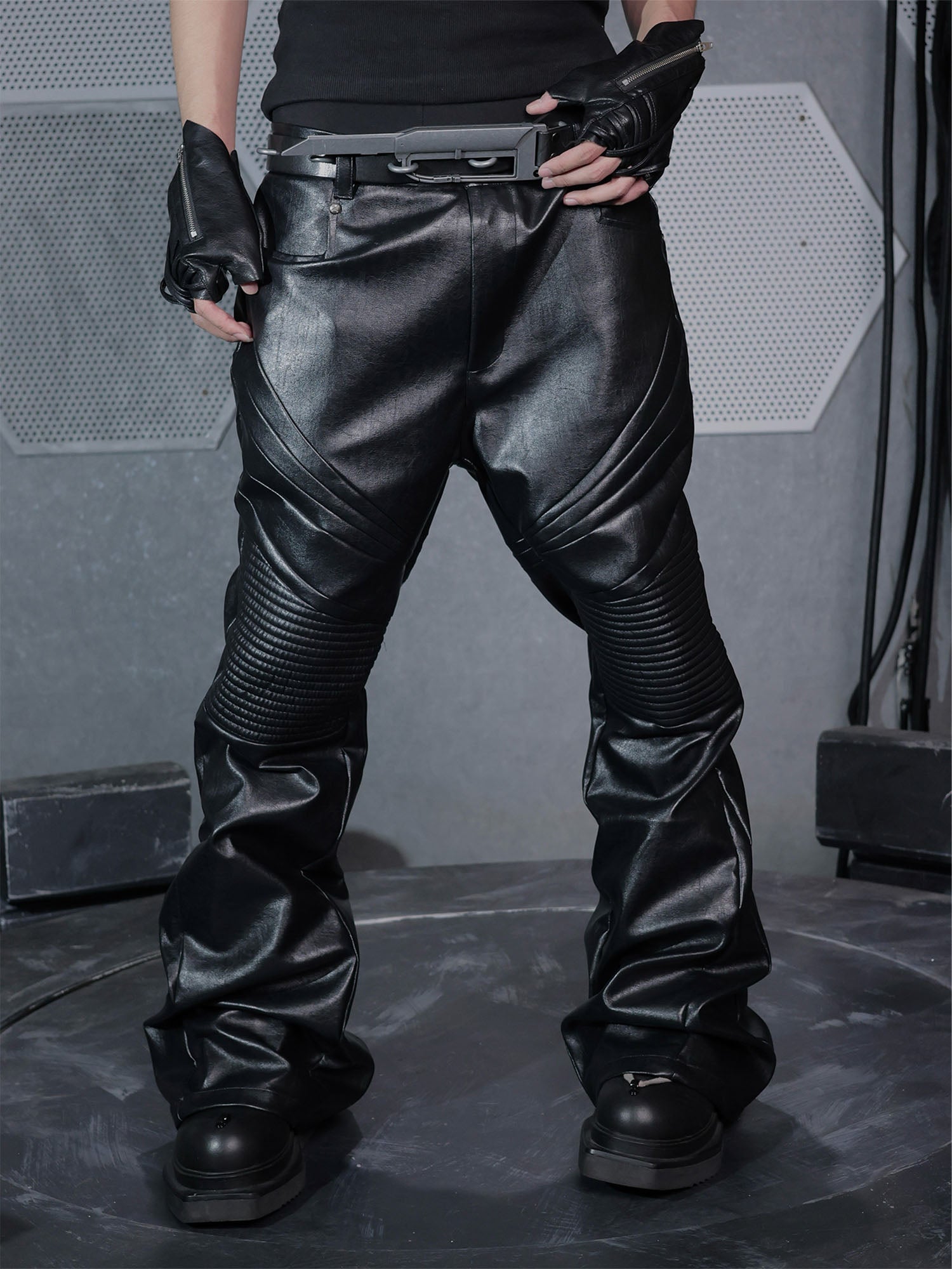 SSIN7 Paneled Faux Leather Flared Pants-Pants-S (Preorder)-Free Shipping Leatheretro