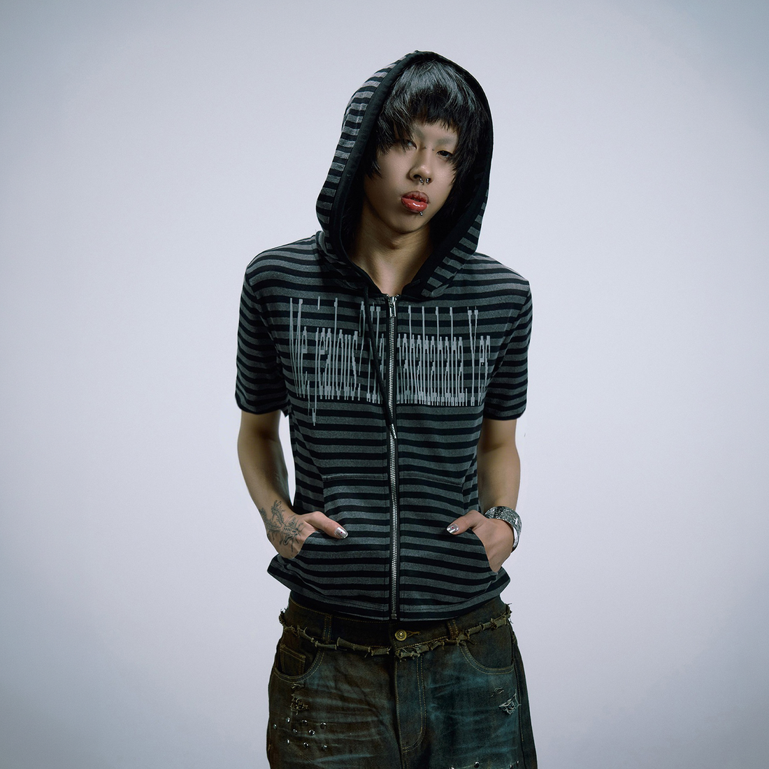 PAIKI Stripe Slogan Hooded Short-Sleeve Jacket-T Shirt-S-Black-Free Shipping Leatheretro