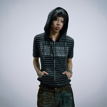 PAIKI Stripe Slogan Hooded Short-Sleeve Jacket-T Shirt-S-Black-Free Shipping Leatheretro