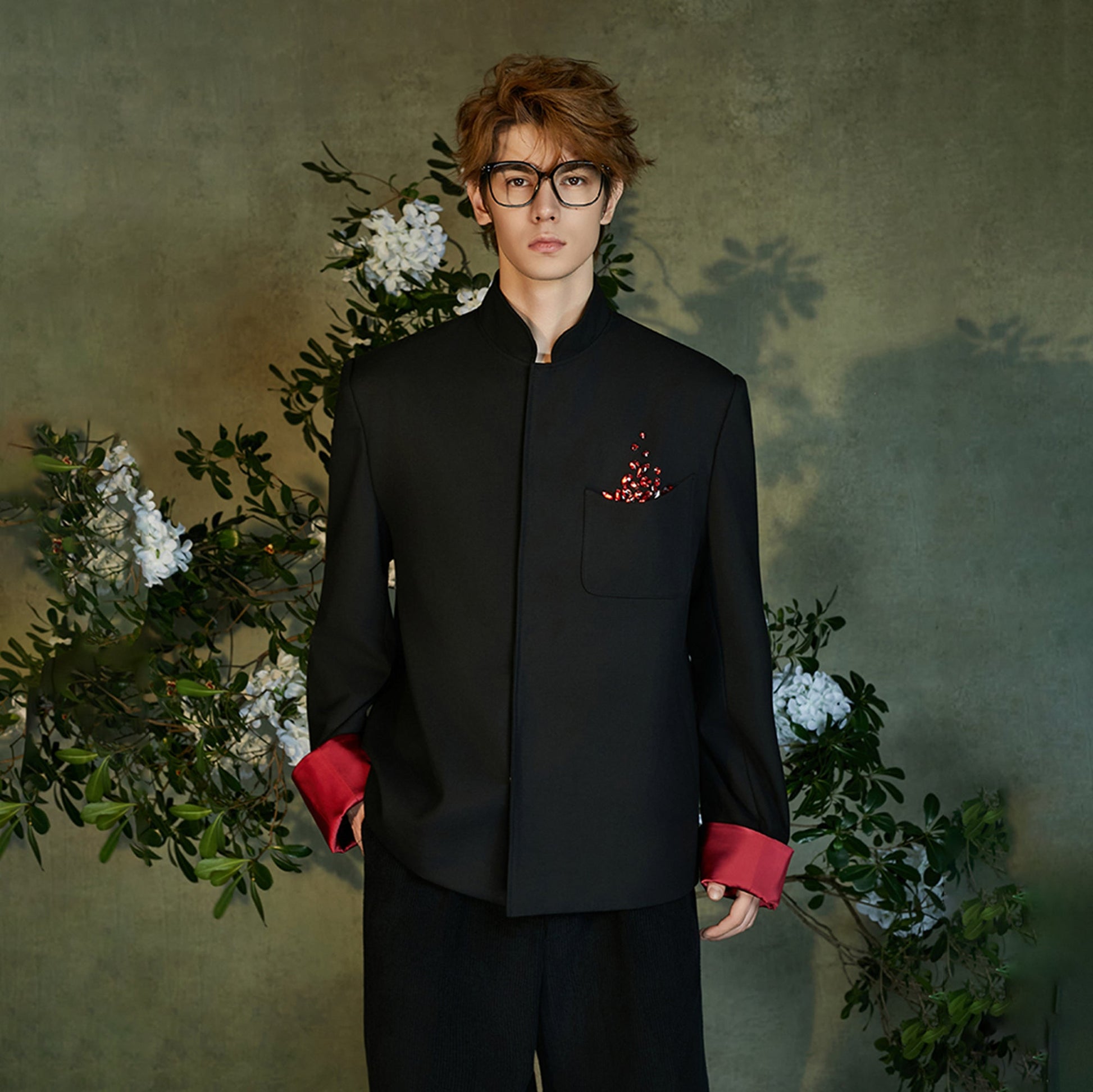 JIECHI Diamond Embellished Contrast Cuffs Mandarin Blazer-Jacket-M (Preorder)-Free Shipping Leatheretro