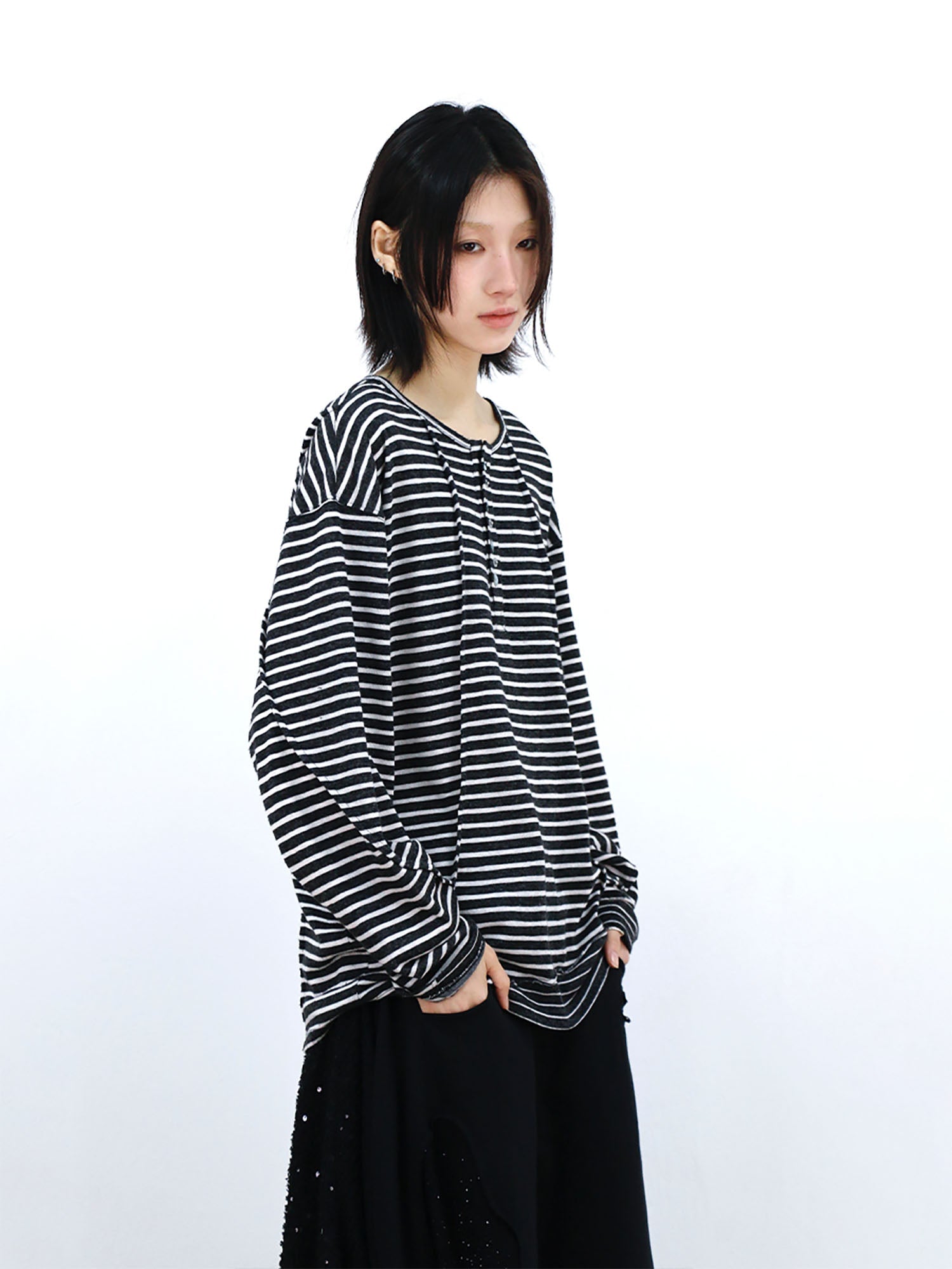RELABEL Striped Pleated Henley Long-Sleeve Tee-L/S Tee-XS-Free Shipping Leatheretro