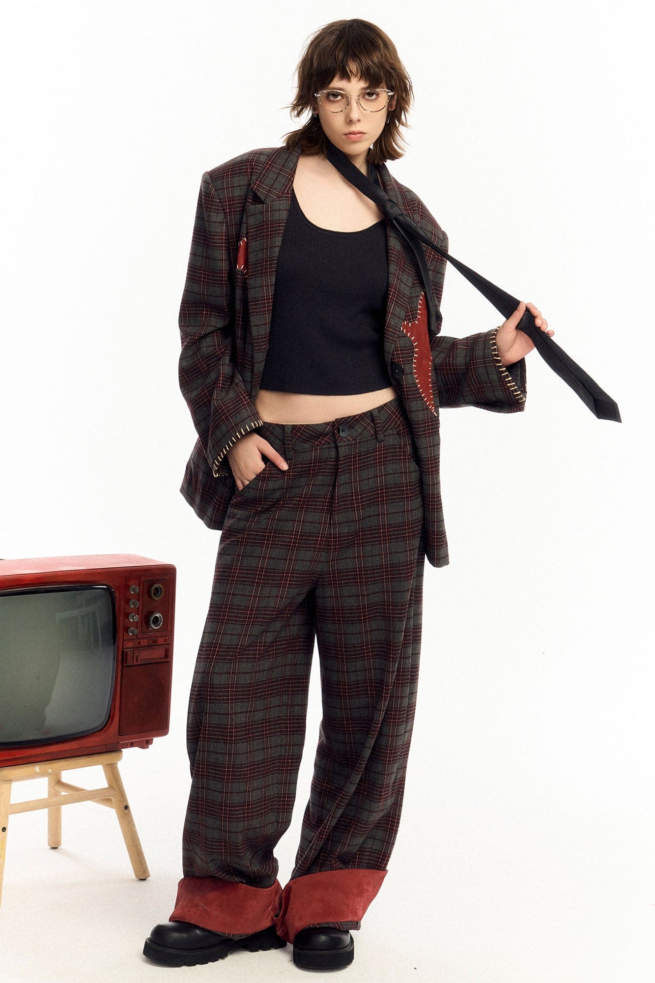 OIPWORD Plaid Fold-Hem Trousers-Pants-S-Free Shipping Leatheretro