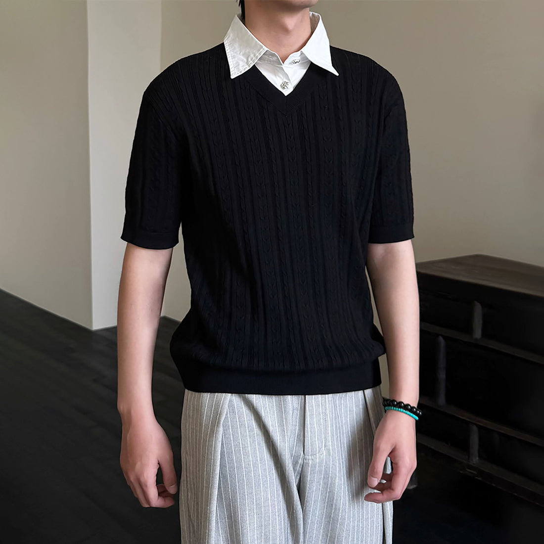 KREATE Faux Layered Cable-Knit Half Shirt-Half shirt-S-Gray-Free Shipping Leatheretro