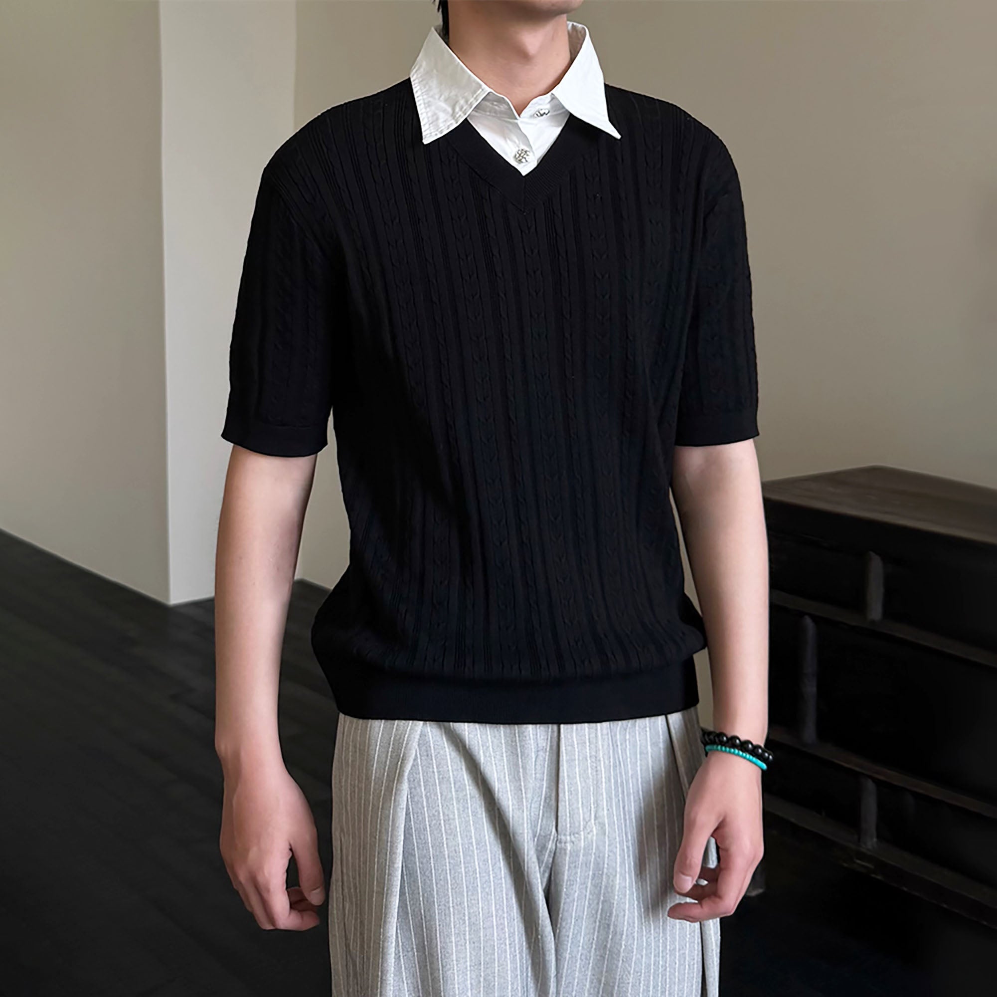 KREATE Faux Layered Cable-Knit Half Shirt-Half shirt-S-Black-Free Shipping Leatheretro