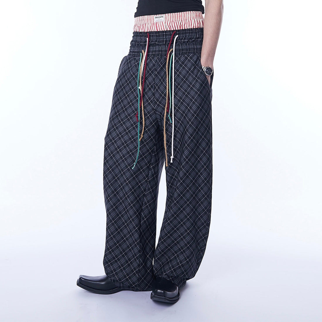 ASSEEN Plaid Double-Waist Drawstring Wide-Leg Pants-Pants-S-Free Shipping Leatheretro