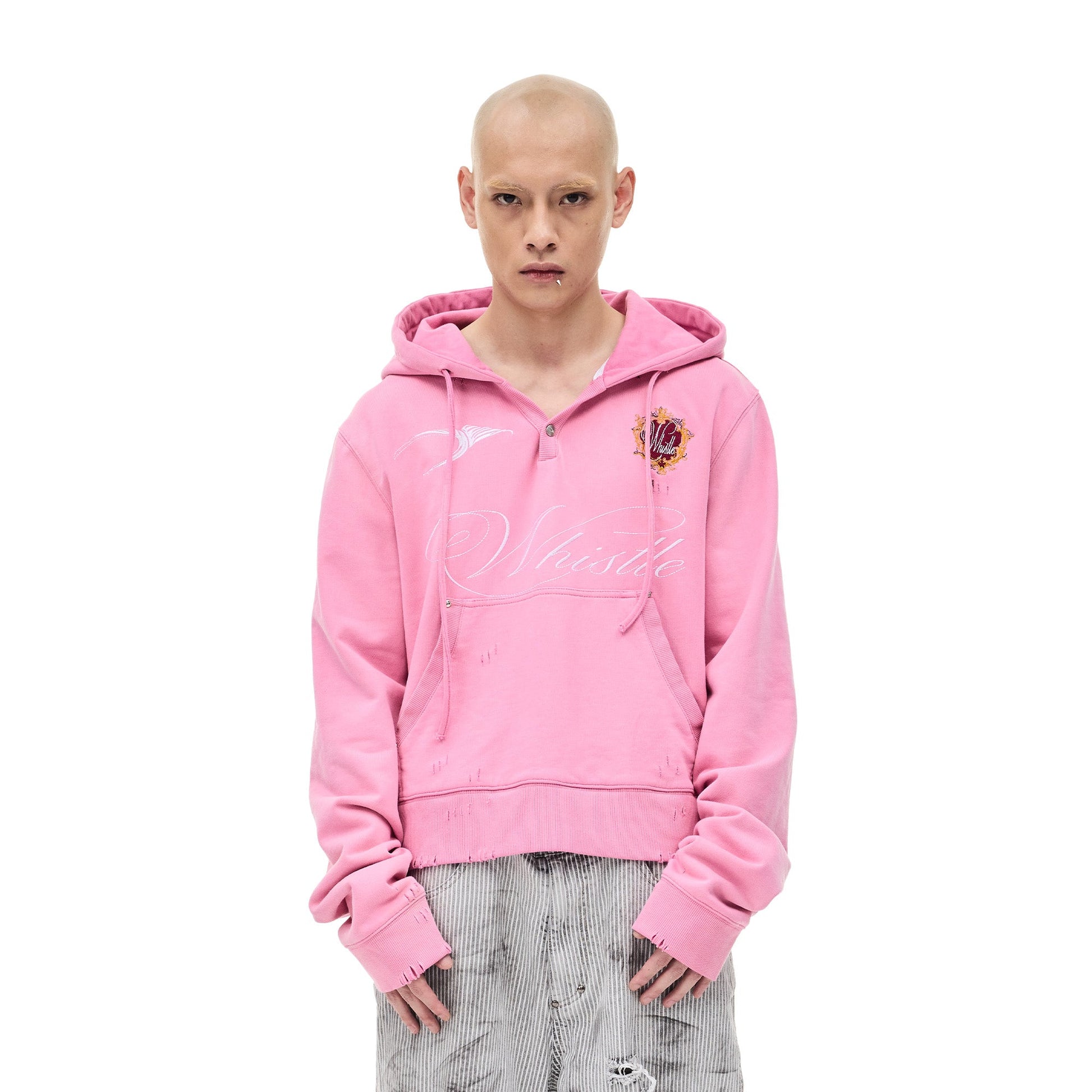 WHISTLEHUNTER Distressed Embroidered V-Neck Hoodie-Hoodie-M-Pink-Free Shipping Leatheretro