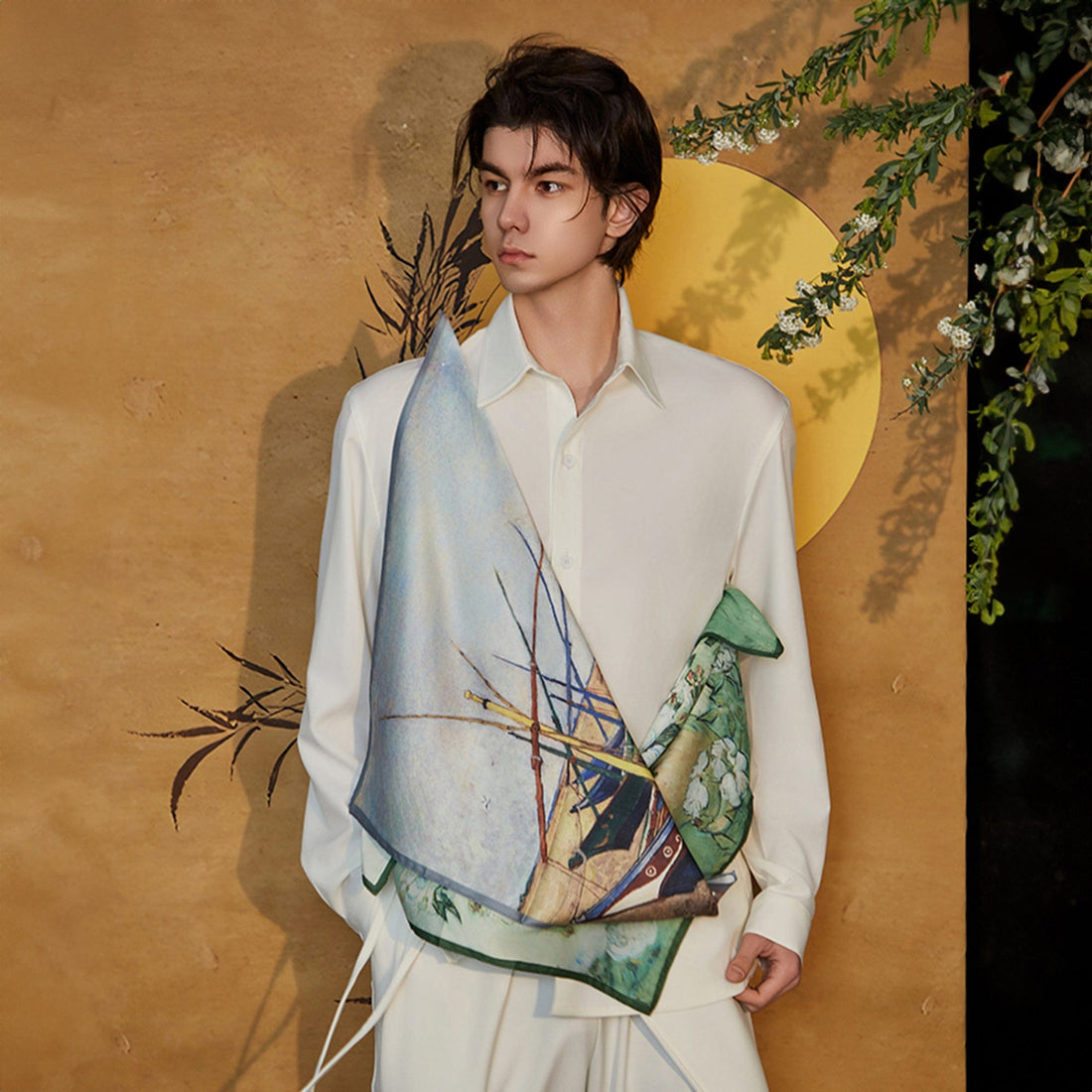 JIECHI Asymmetrical Scarf-Draped Graphics Shirt-Shirt-M-Free Shipping Leatheretro