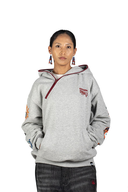 NERHI Asym Half-Zip Mural Graphic Hoodie-Shirt-S-Gray (Preorder)-Free Shipping Leatheretro