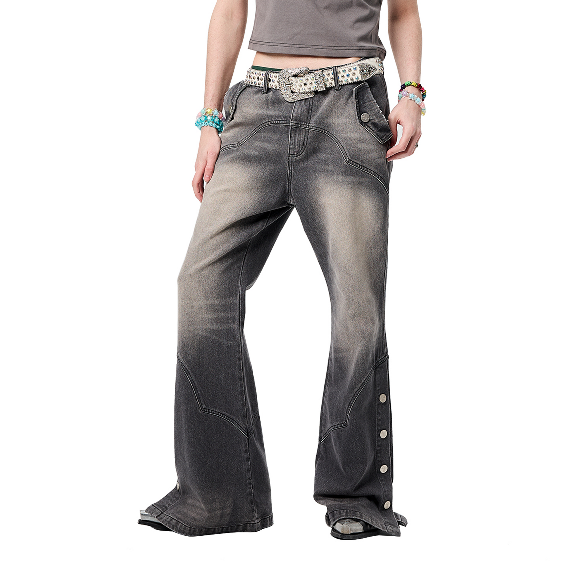 ERISSTOFF Washed Detachable Flared Jeans Gray-Jeans-XS / 28"-Free Shipping Leatheretro