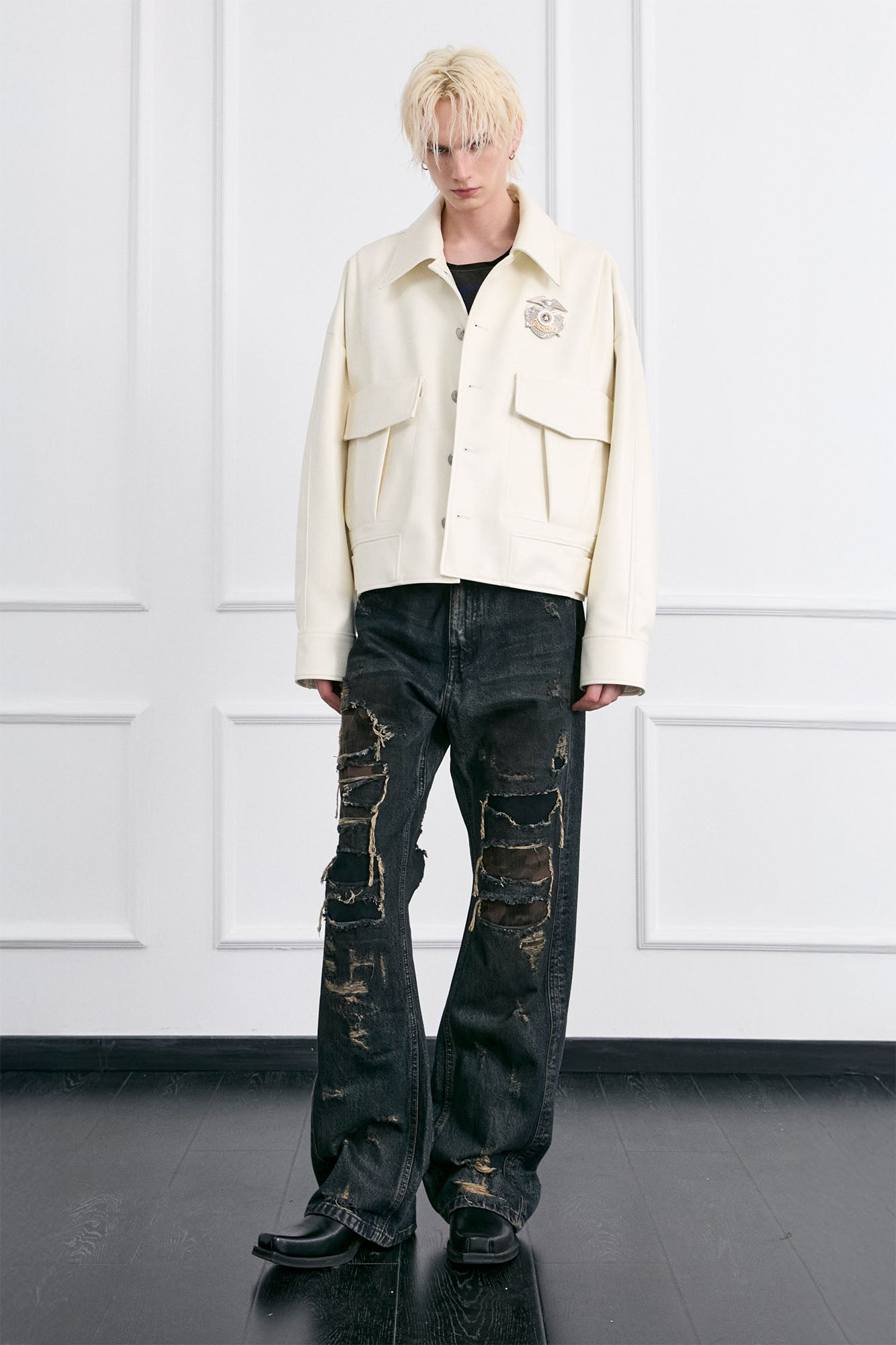 FACEONLAB Badge PU Utility Jacket-Jacket-M-Free Shipping Leatheretro