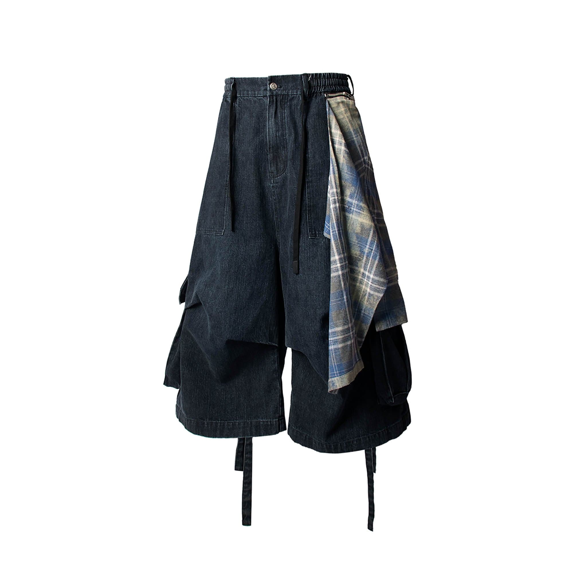 RELABEL Detachable Plaid Drape Denim Shorts-Shorts-XS-Free Shipping Leatheretro