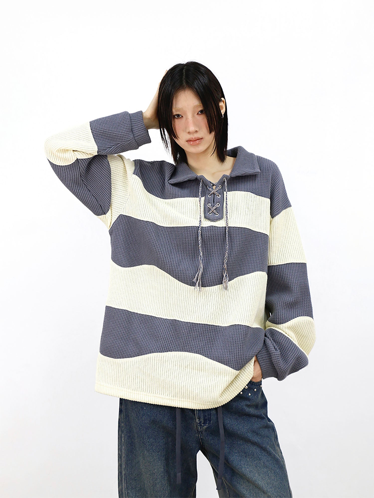 RELABEL Waffle-Knit Stripe Lace-Up Sweatshirt-Sweatshirt-XS (Preorder)-Free Shipping Leatheretro