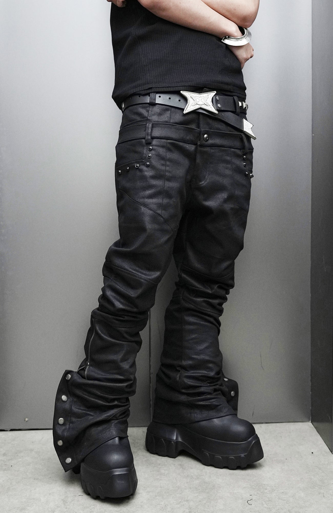 SSIN7 Double Waist Waxed Zip Flared Jeans-Jeans-S / 31"-Free Shipping Leatheretro