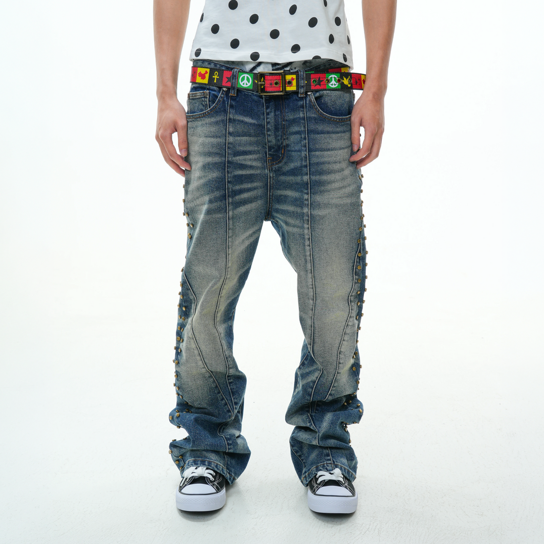 VINKID Deconstructed Side-Studded Washed Jeans-Jeans-S / 31"-Free Shipping Leatheretro