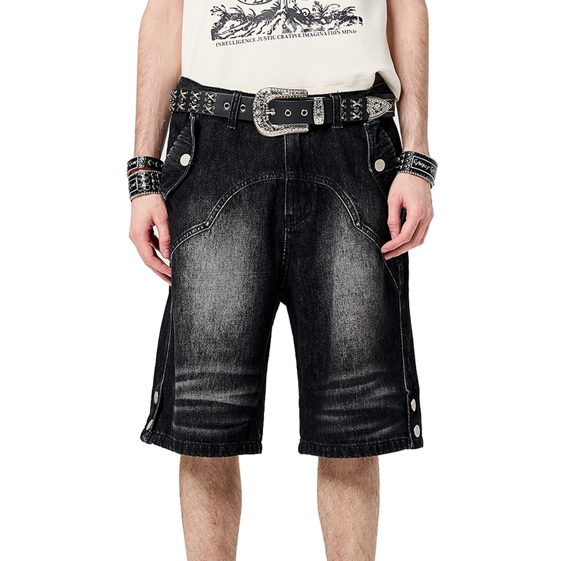 CYCYCY Retro Washed Paneled Denim Shorts-Shorts-XS / 28“-Free Shipping Leatheretro
