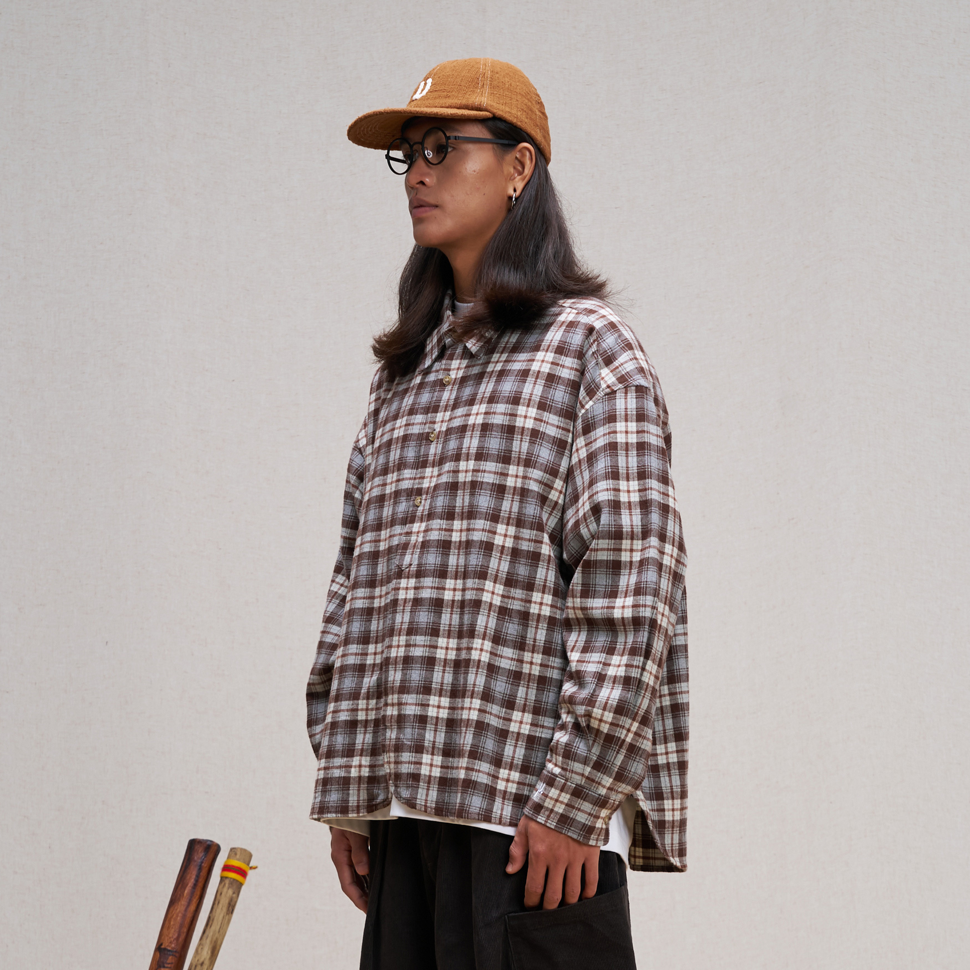UNLIMITED MOTE Plaid Oversized Half-Open Collar Shirt Brown-Shirt-XS-Free Shipping Leatheretro
