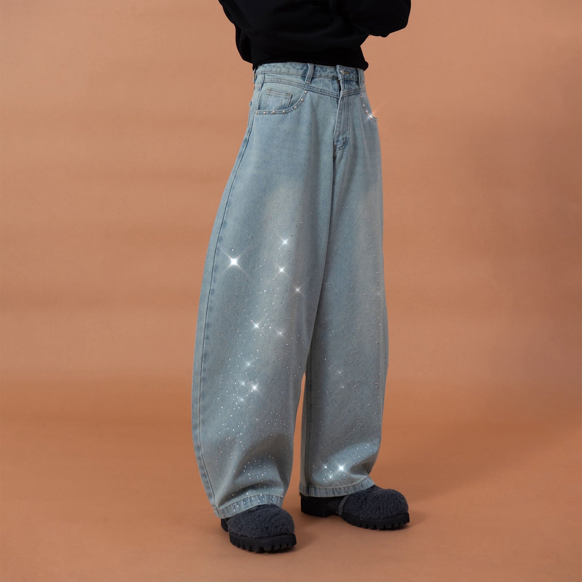 CLP Washed Diamond-Dusted Curved-Leg Jeans-Jeans-M (Preorder)-Free Shipping Leatheretro