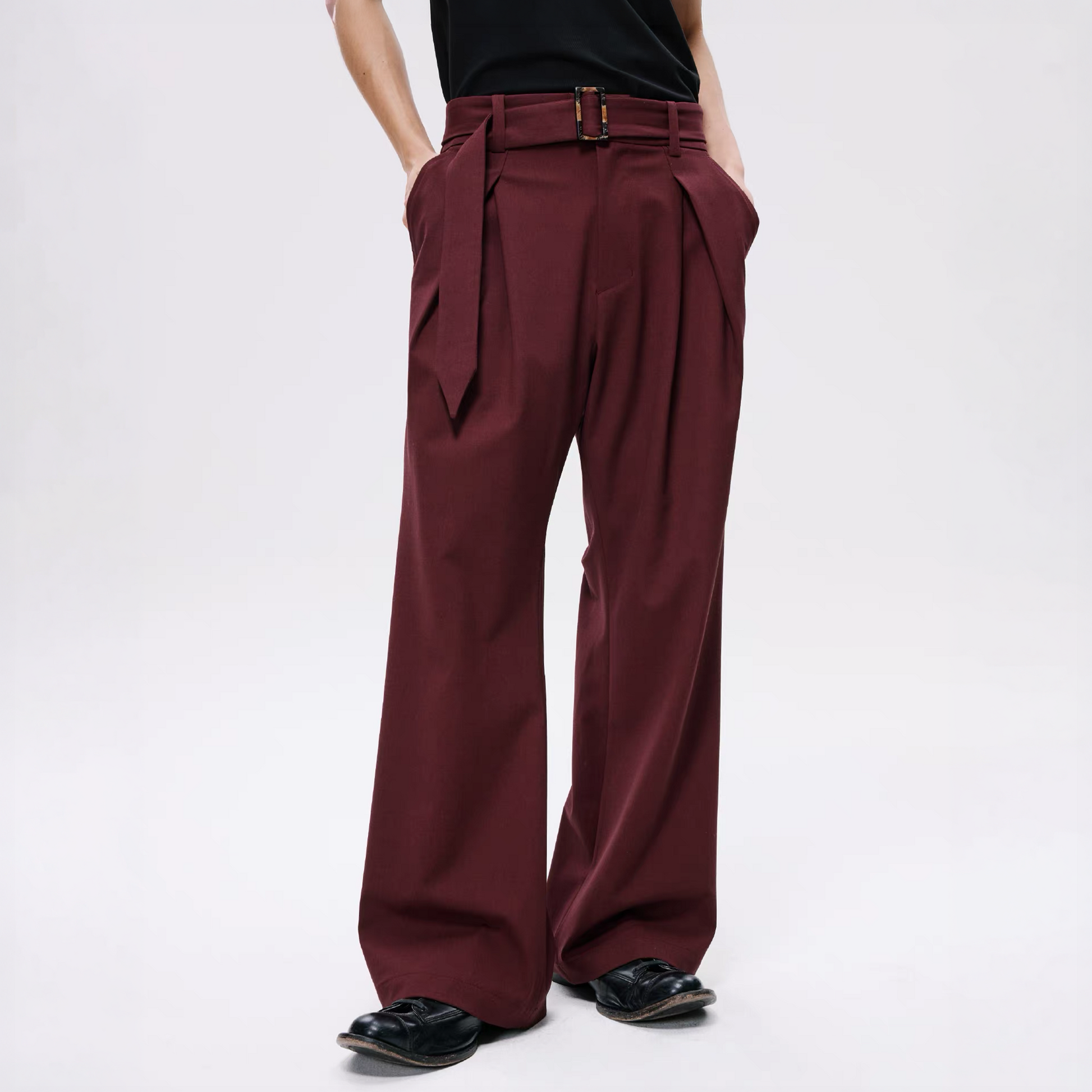 ALVNG AR ANTS Horn Buckle Belted Pleated Trousers-Pants-XS / 28-32"-Red-Free Shipping Leatheretro