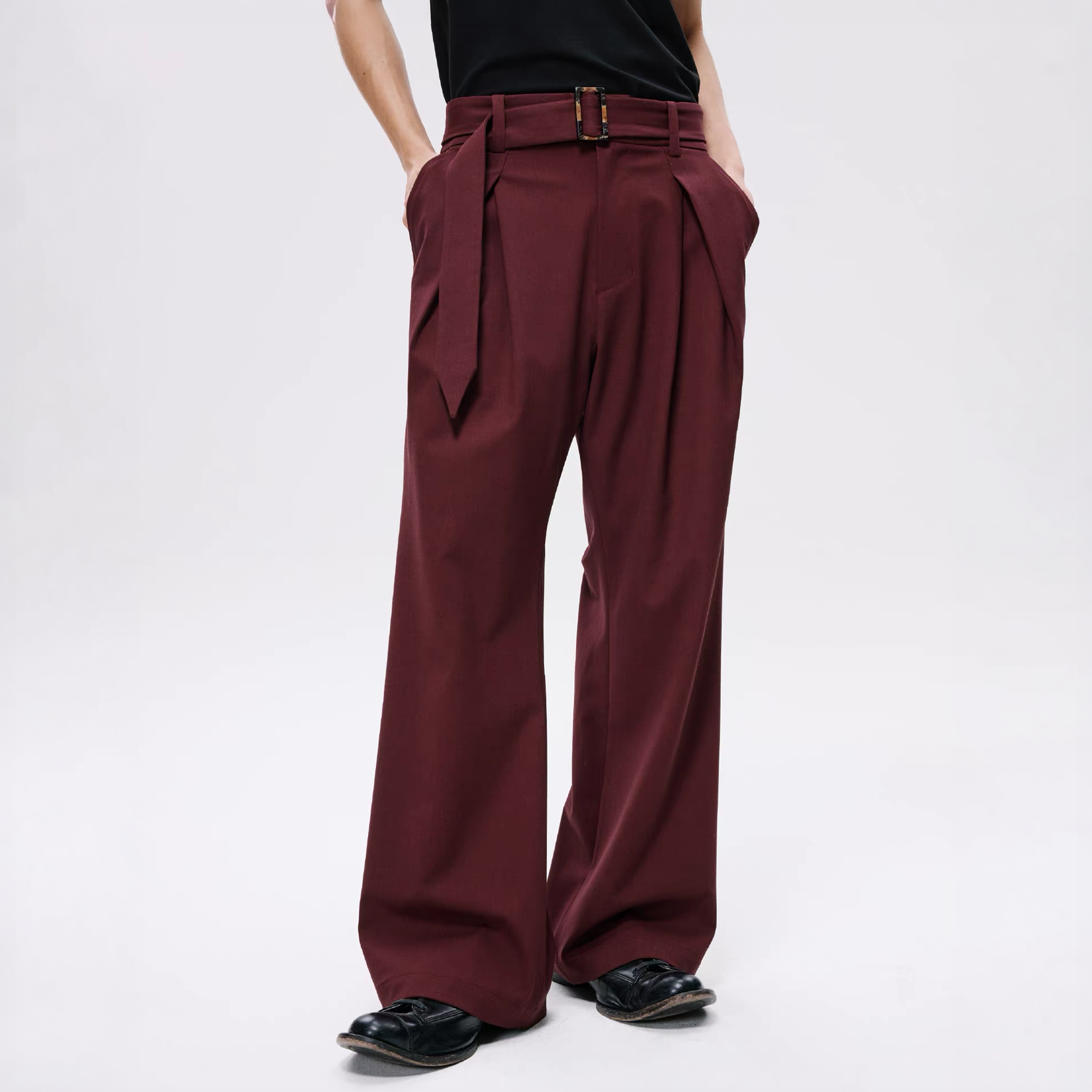 ALVNG AR ANTS Horn Buckle Belted Pleated Trousers-Pants-XS / 28-32"-Red-Free Shipping Leatheretro
