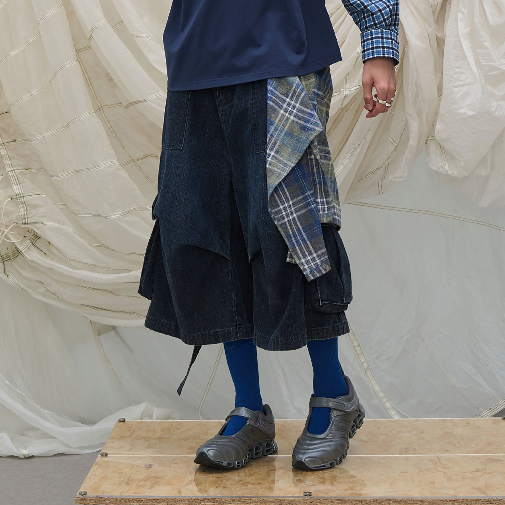 RELABEL Detachable Plaid Drape Denim Shorts-Shorts-XS-Free Shipping Leatheretro