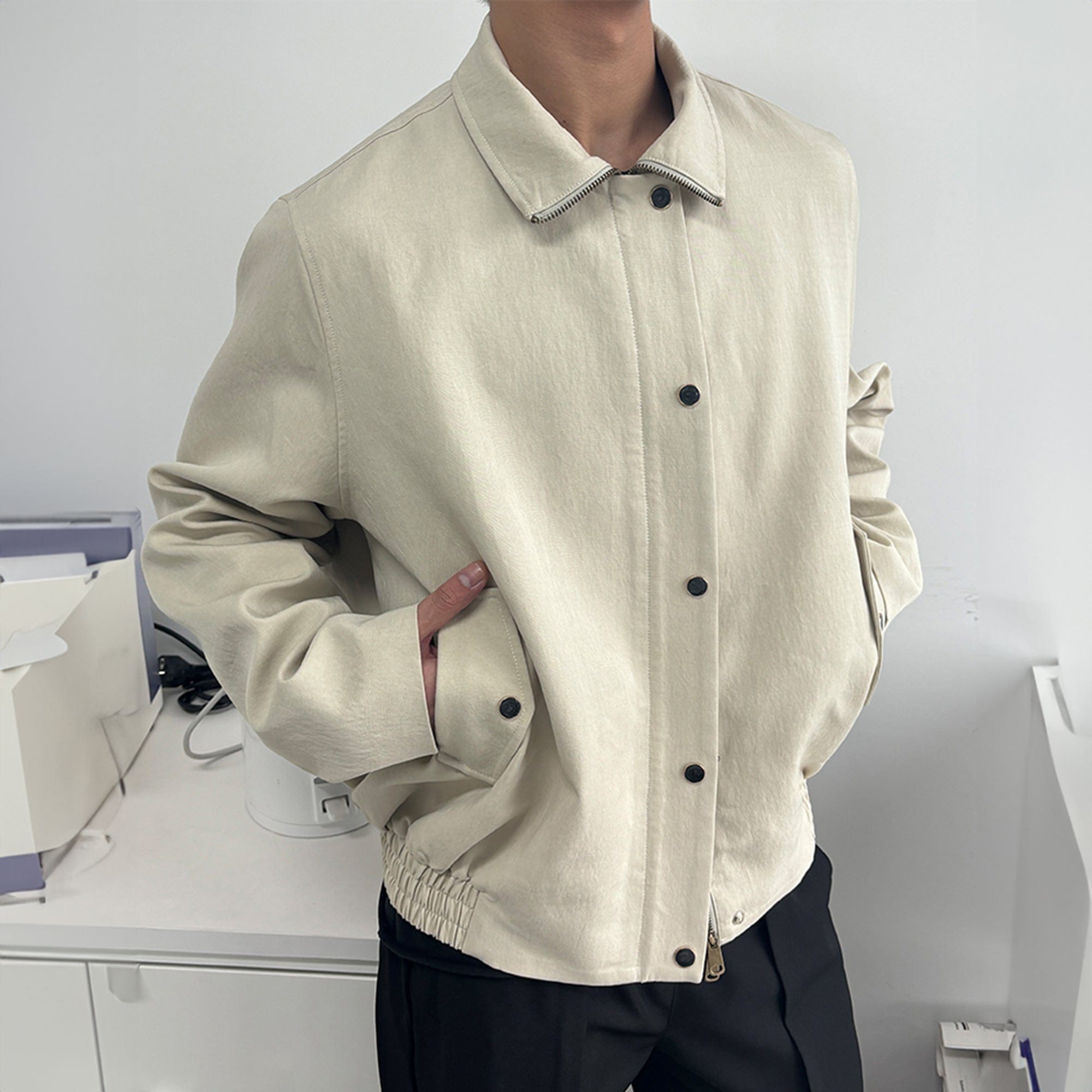 KREATE Gem Button Stand-Collar Wellington Jacket-Jacket-S-Beige-Free Shipping Leatheretro