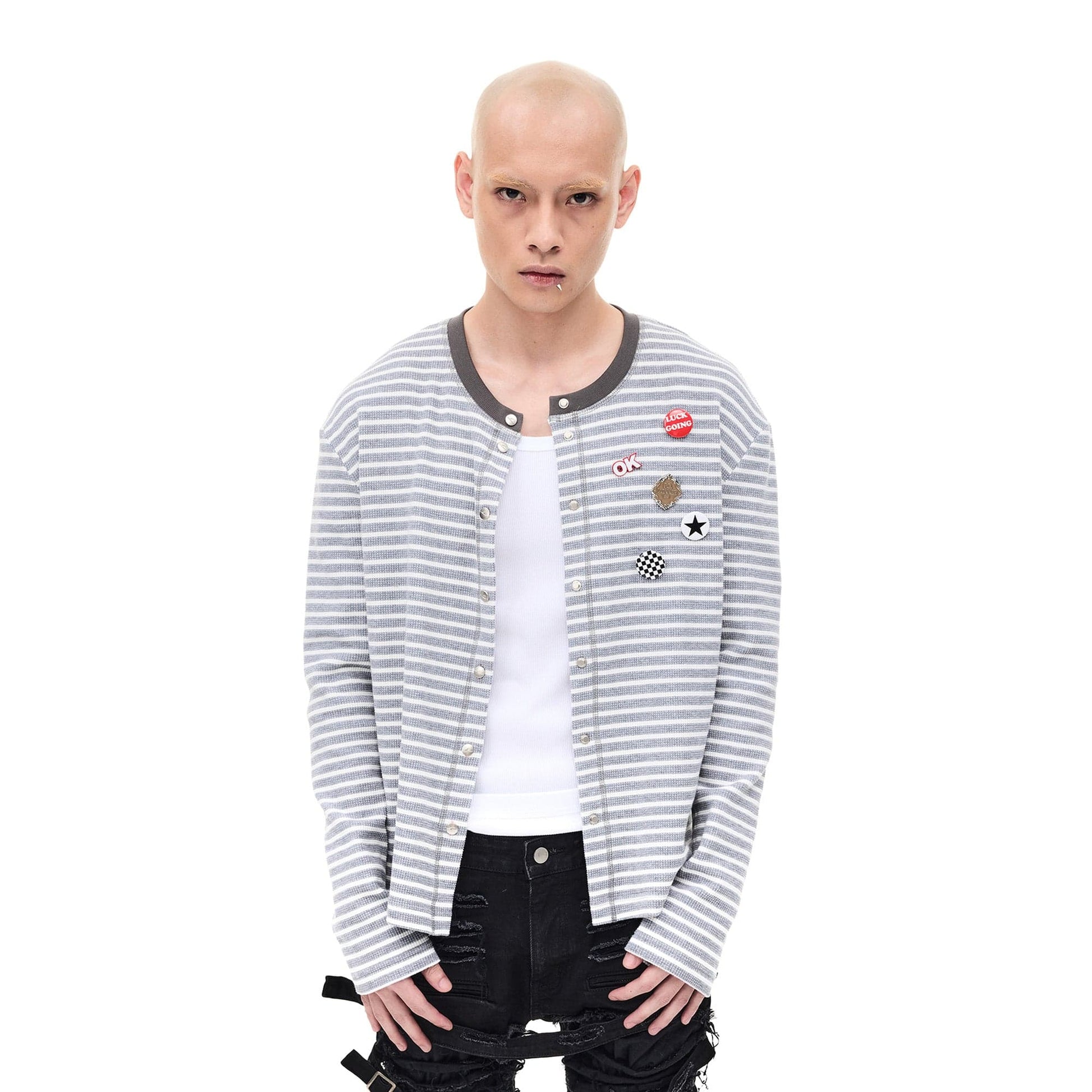 WHISTLEHUNTER Striped Badge Snap Slim Cardigan-Sweater-S-Gray-Free Shipping Leatheretro