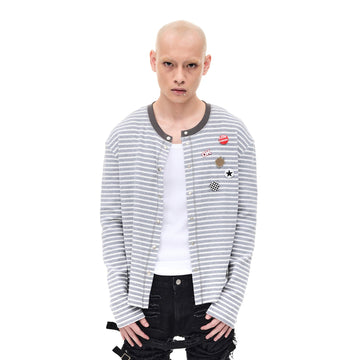 WHISTLEHUNTER Striped Badge Snap Slim Cardigan-Sweater-S-Gray-Free Shipping Leatheretro