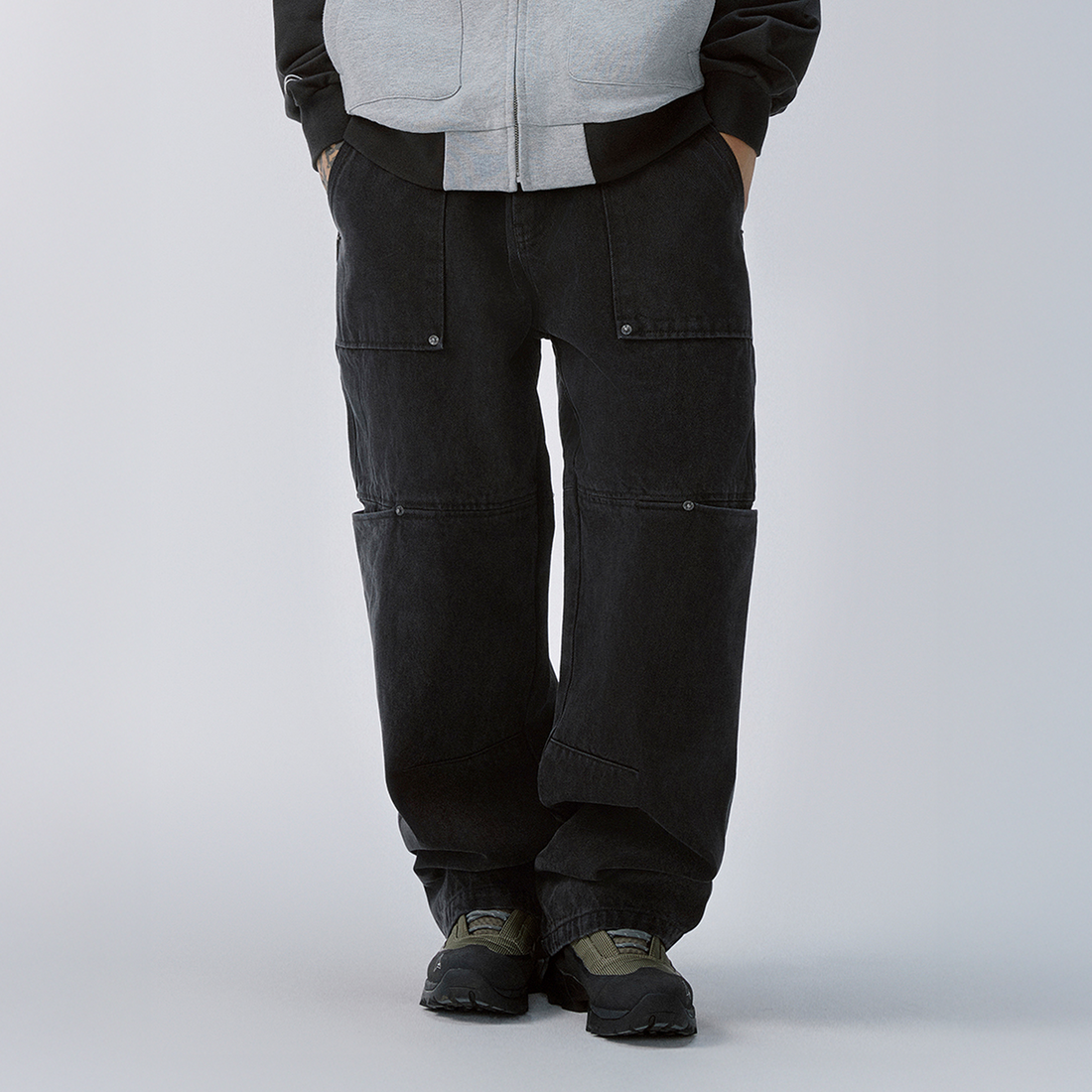 F2CE Washed Panel Multi-Pocket Straight-Leg Jeans-Jeans-S-Free Shipping Leatheretro