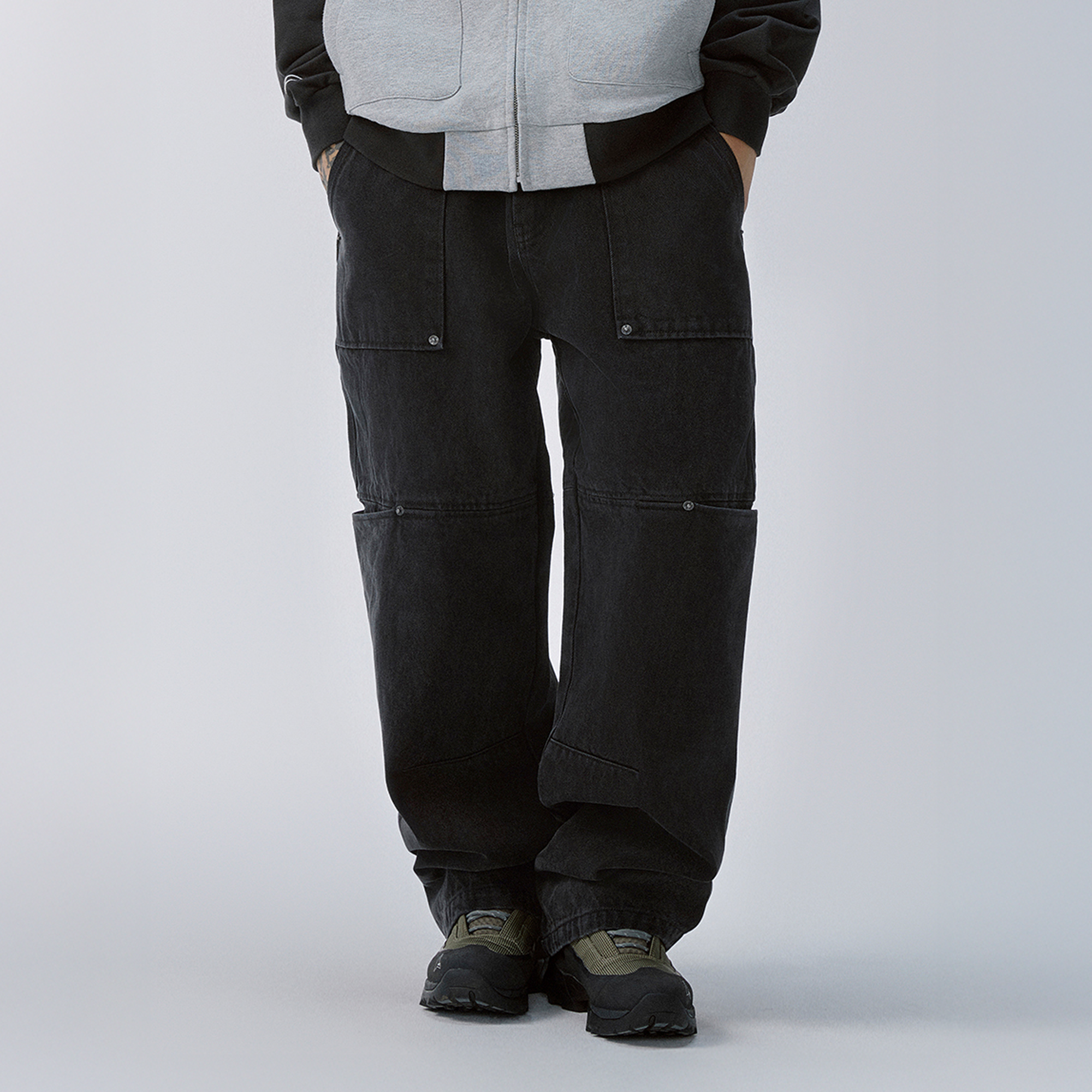 F2CE Washed Panel Multi-Pocket Straight-Leg Jeans-Jeans-S-Free Shipping Leatheretro