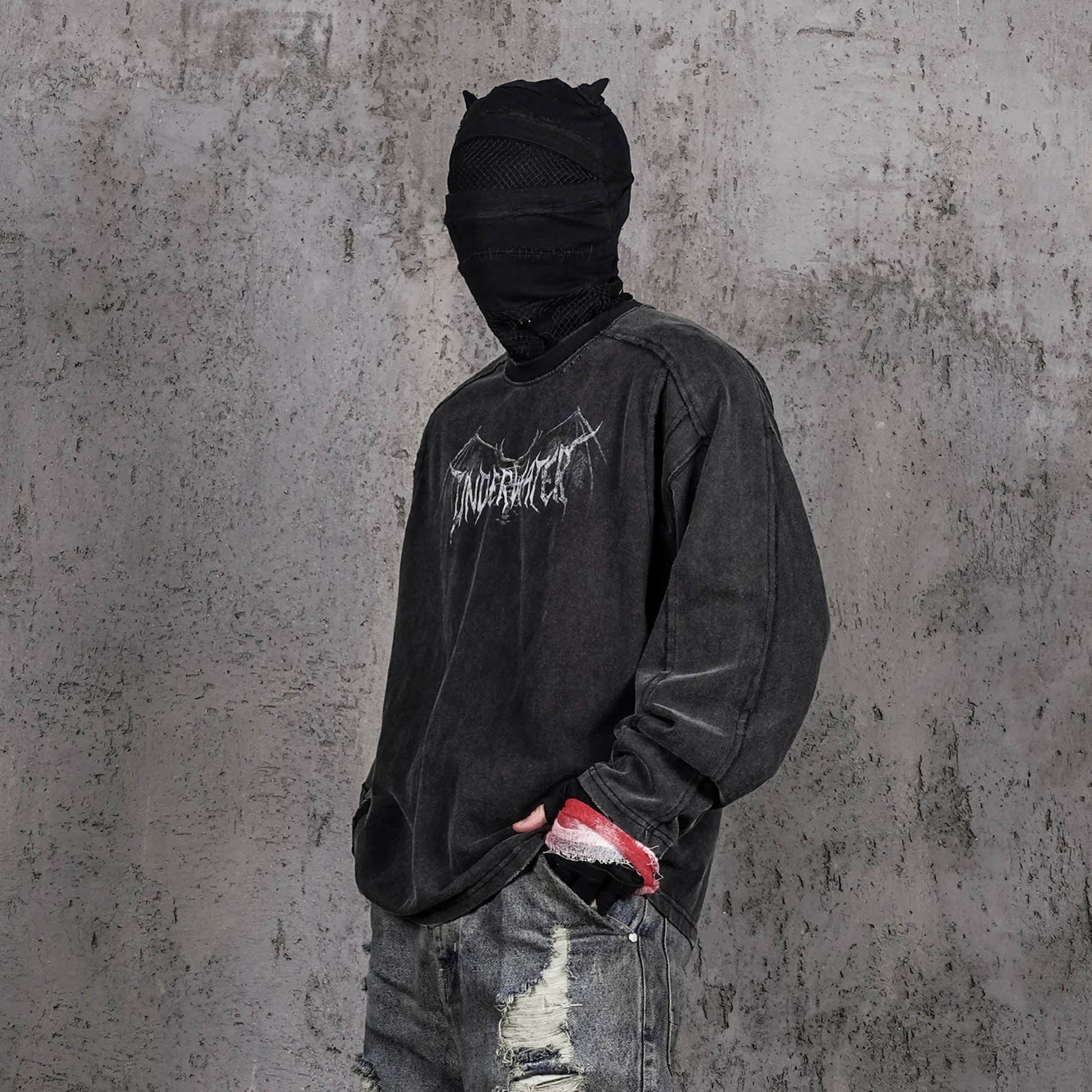 UNDERWATER Hellbound Wing Distressed Spliced Long-Sleeve Tee-L/S Tee-S-Free Shipping Leatheretro