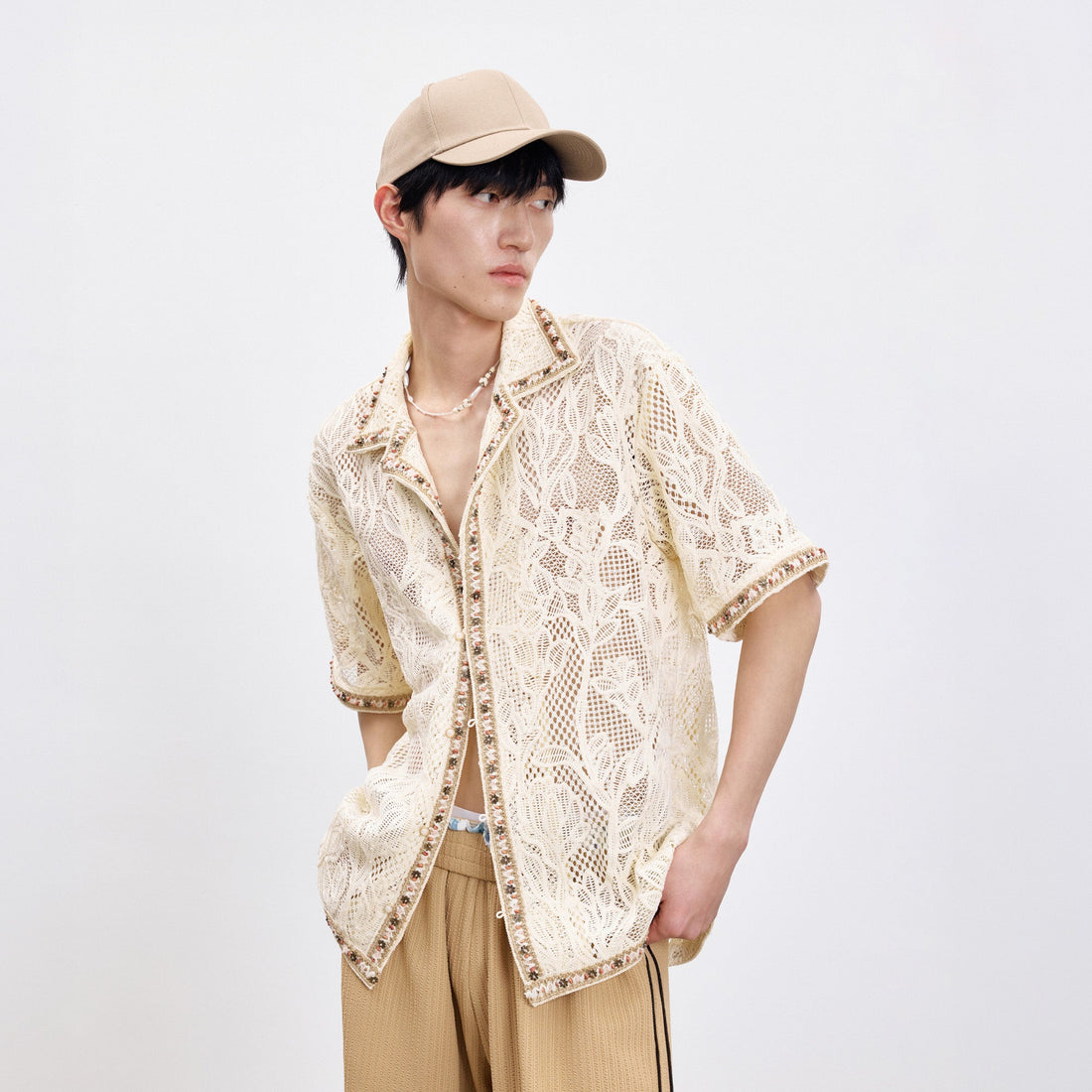 TUIMU Beaded Trim Open-Knit Jacquard Half Shirt-Shirt-S (Preorder)-Free Shipping Leatheretro