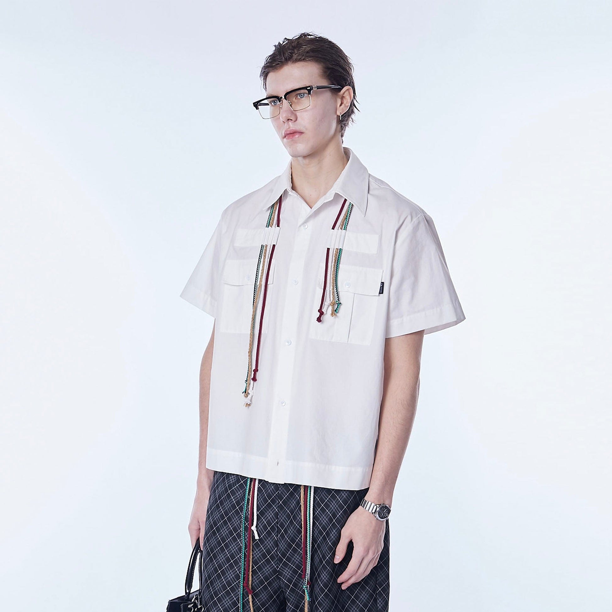 ASSEEN Cord Tassel Pocket Half Shirt-Half shirt-S-Free Shipping Leatheretro