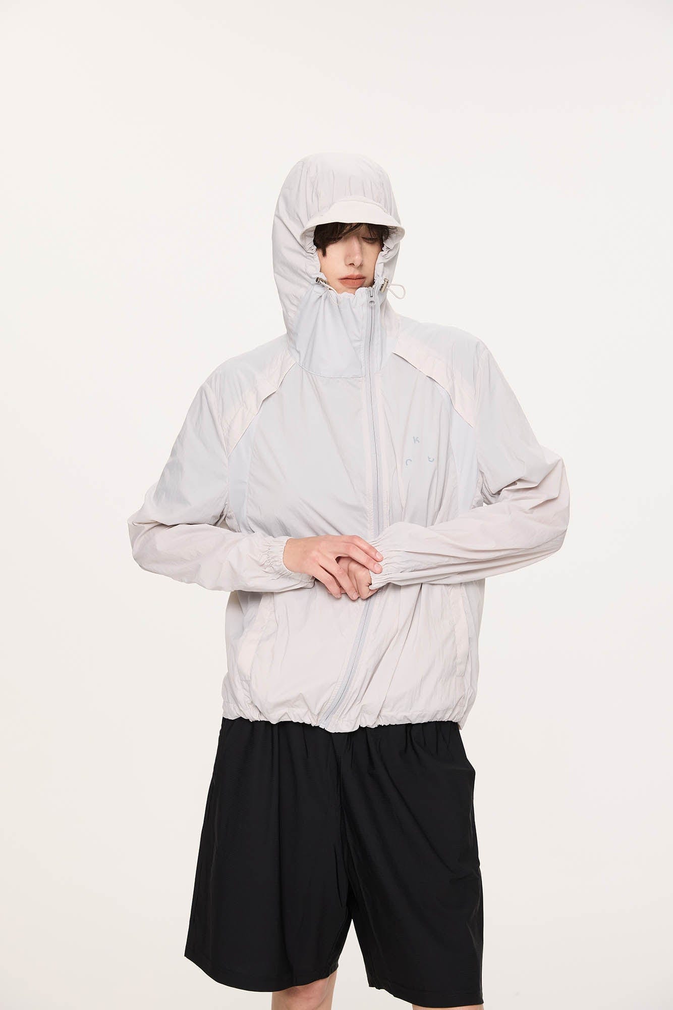 KREATE Asymmetrical Zip Mesh-Paneled UV Protection Hooded Jacket-Jacket-S-Light Gray-Free Shipping Leatheretro