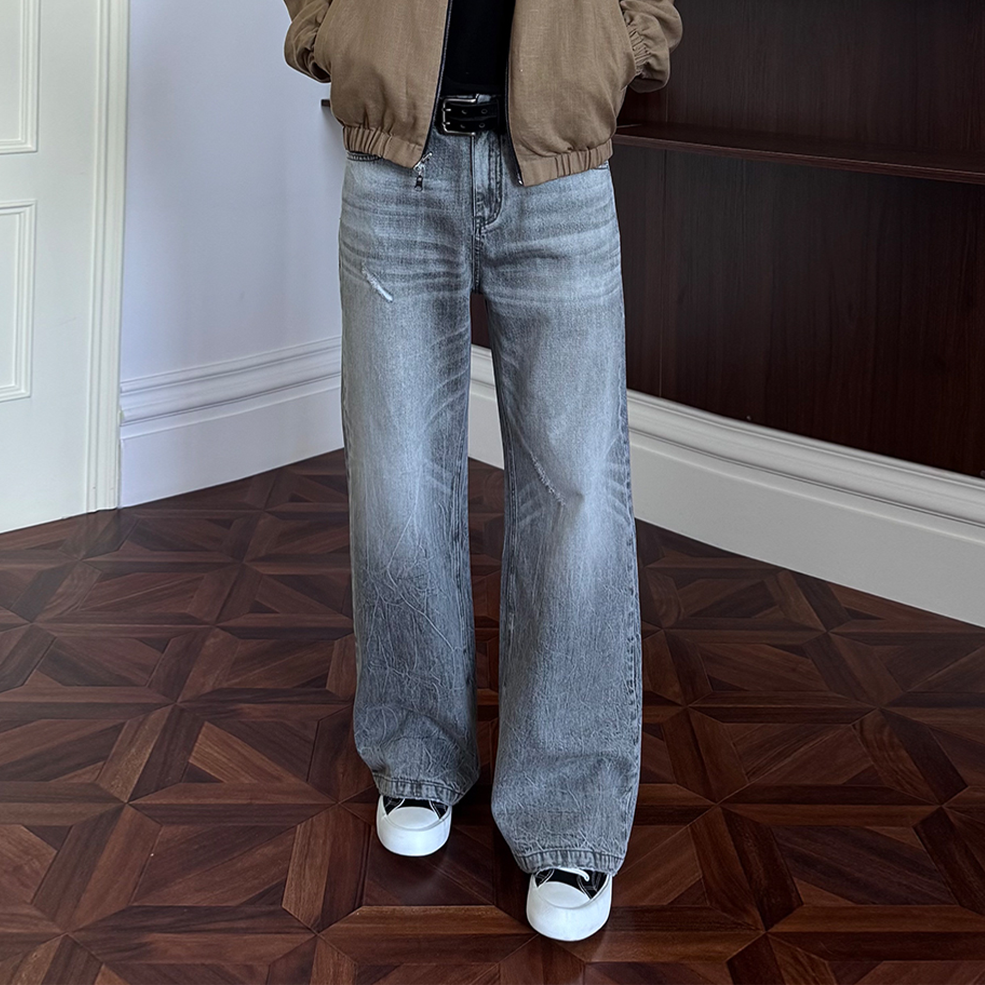 KREATE Whisker Washed Straight-Leg Jeans-Jeans-S (Preorder)-Light Gray-Free Shipping Leatheretro