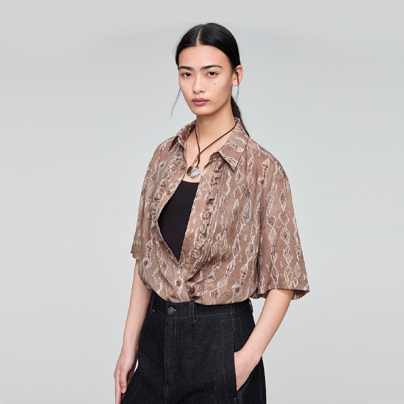 OPICLOTH Retro Woodgrain Full-Print Ruffle Half Shirt-Half shirt-XS-Free Shipping Leatheretro