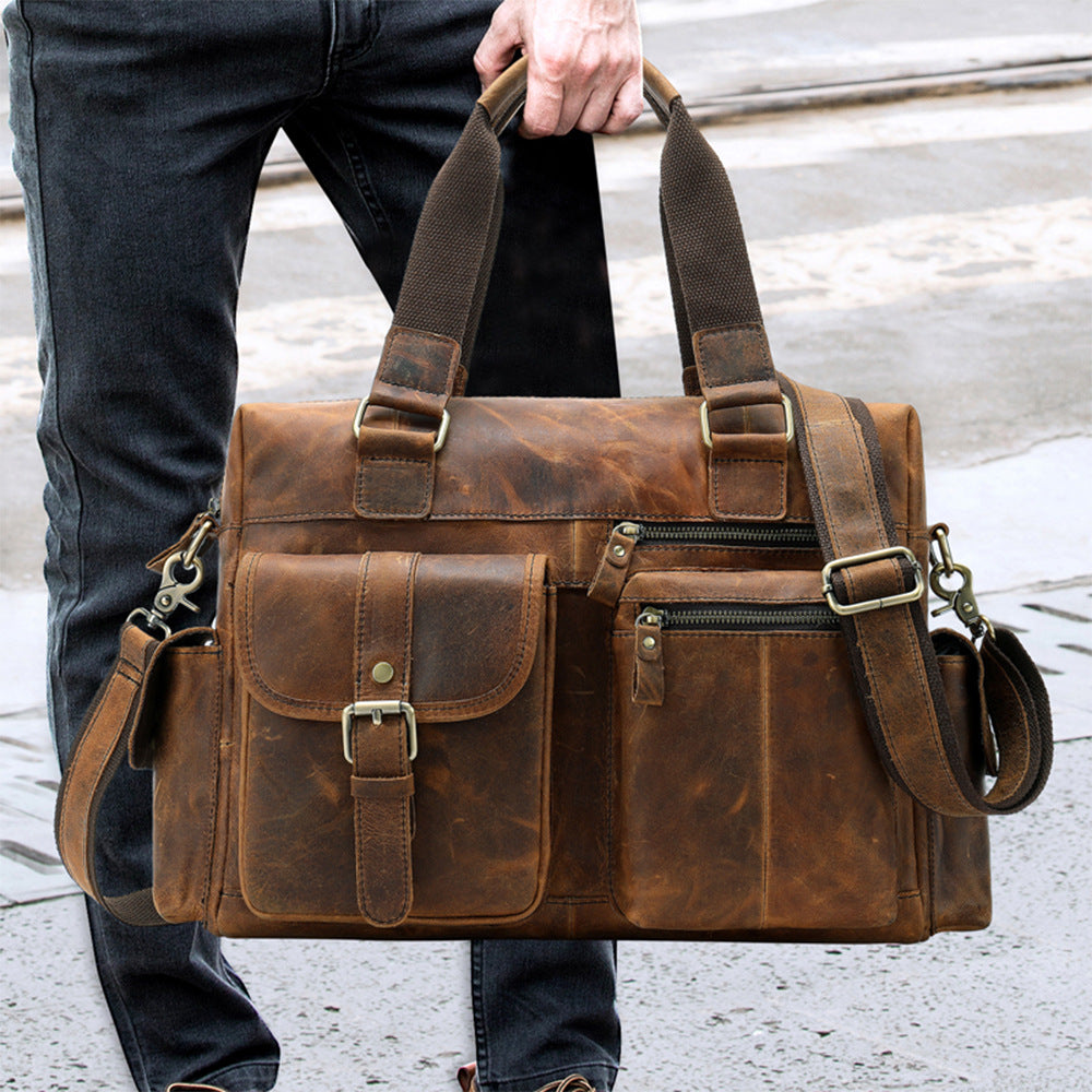 Horizontal Outdoor Business Hand Bag - First Layer Cowhide Leather Travel Luggage-Handbags-Brown-Free Shipping Leatheretro